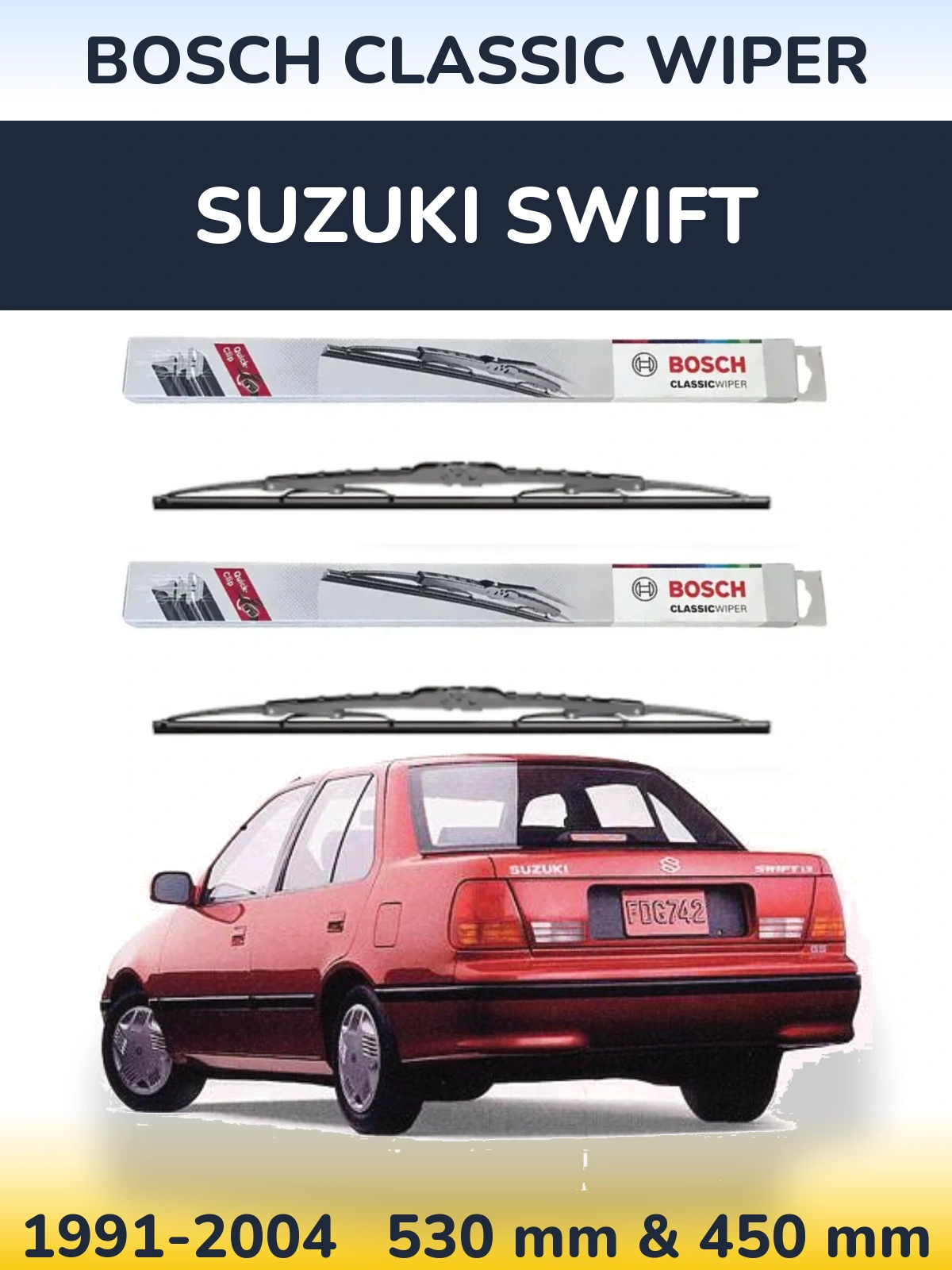 Комплект передних дворников BOSCH Classic Wiper 530 & 450 мм для Suzuki Swift 1991-2004