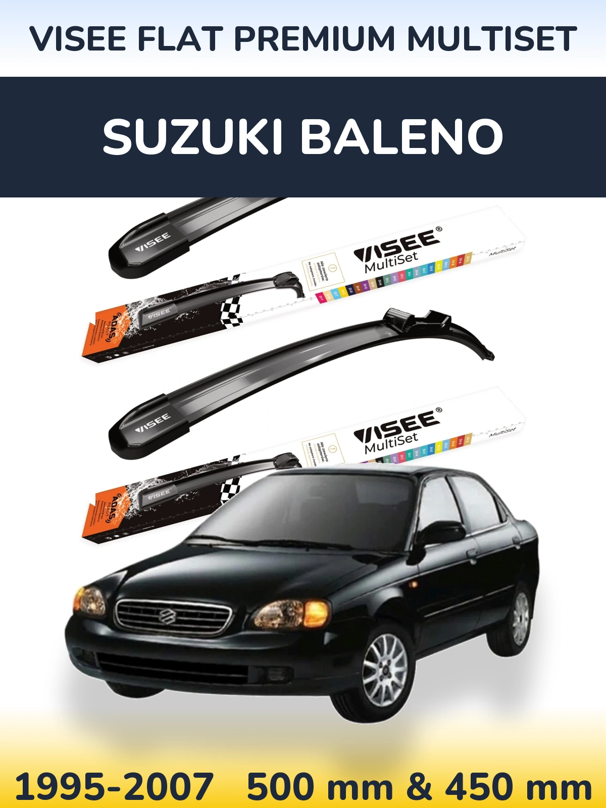 Front wiper blade set VISEE FLAT PREMIUM MultiSet 500 & 450 mm for Suzuki Baleno 1995-2007