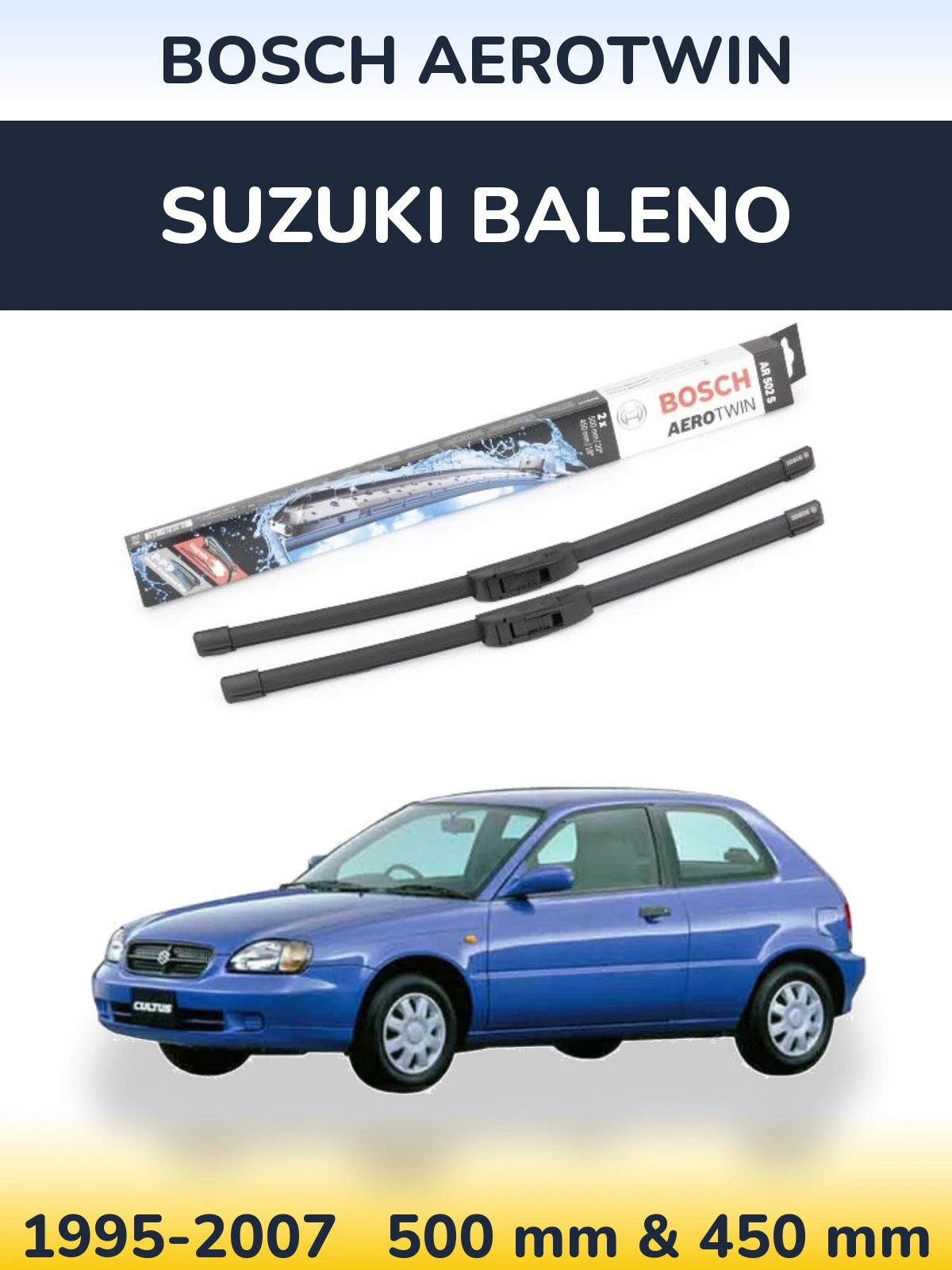 Комплект передних дворников BOSCH AeroTwin 500 & 450 мм для Suzuki Baleno 1995-2007