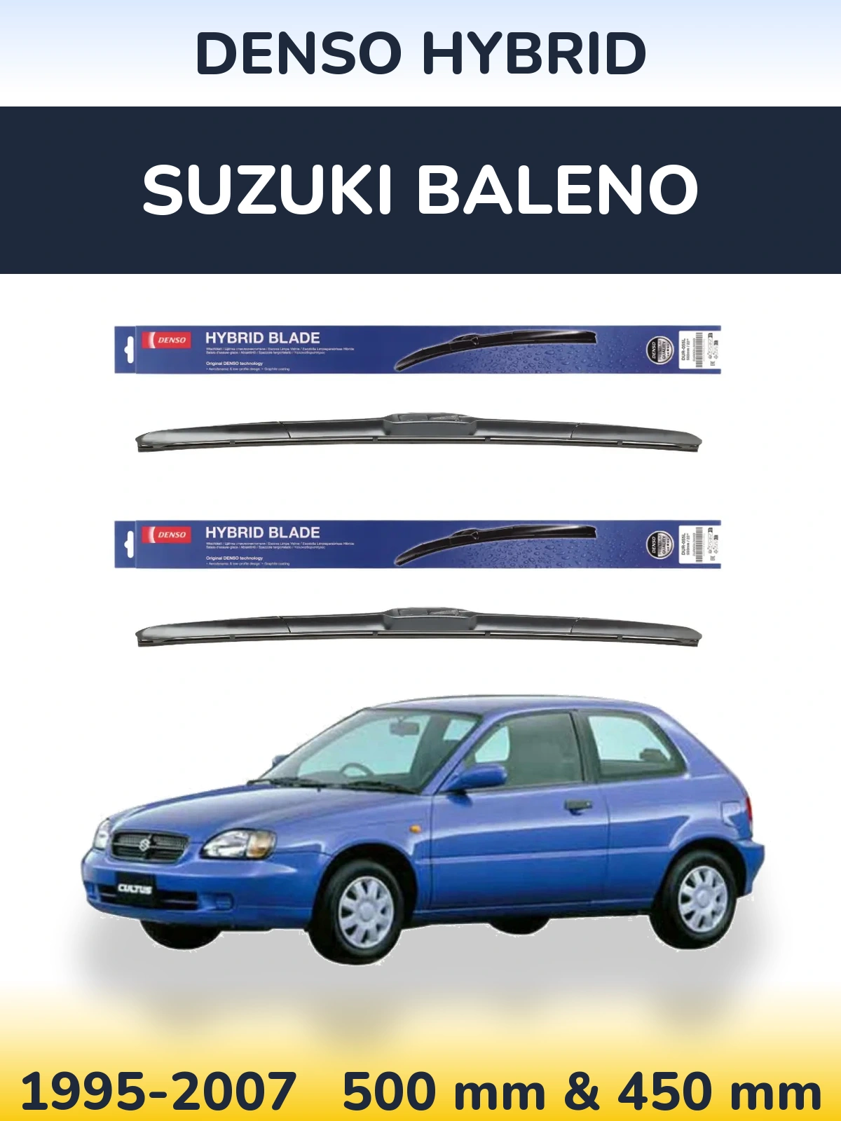 Комплект передних дворников Denso Hybrid 500 & 450 мм для Suzuki Baleno 1995-2007