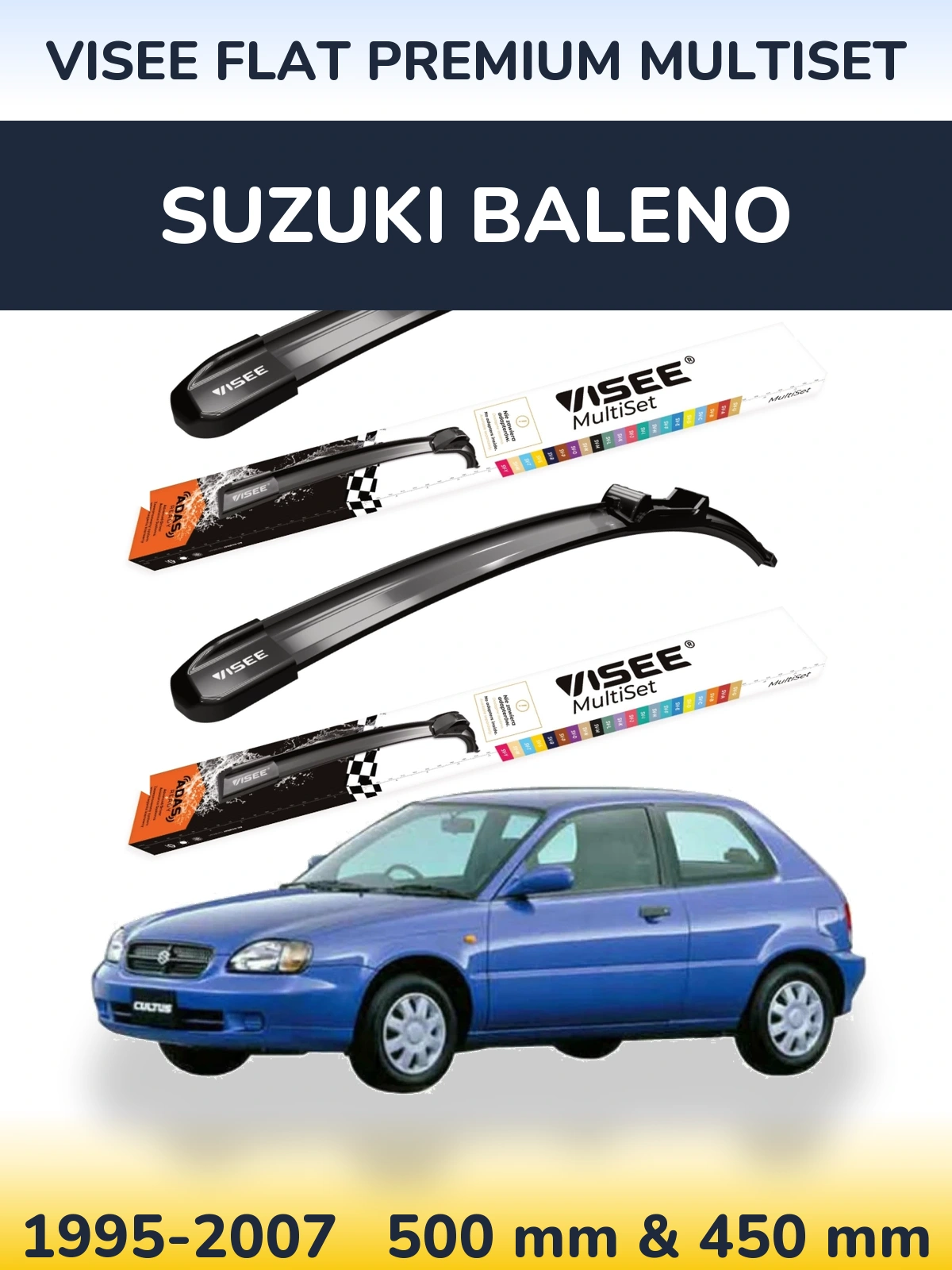 Комплект передних дворников VISEE FLAT PREMIUM MultiSet 500 & 450 мм для Suzuki Baleno 1995-2007