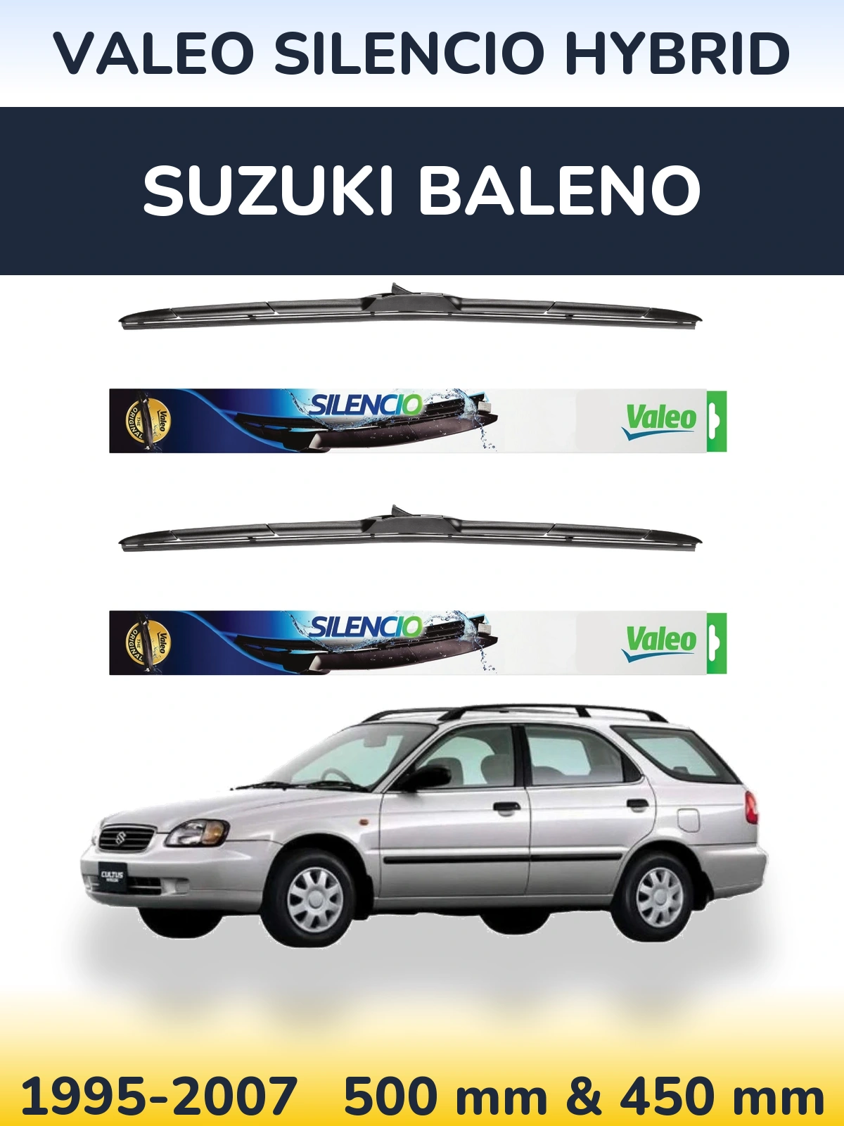Front wiper blade set Valeo Silencio Hybrid 500 & 450 mm for Suzuki Baleno 1995-2007