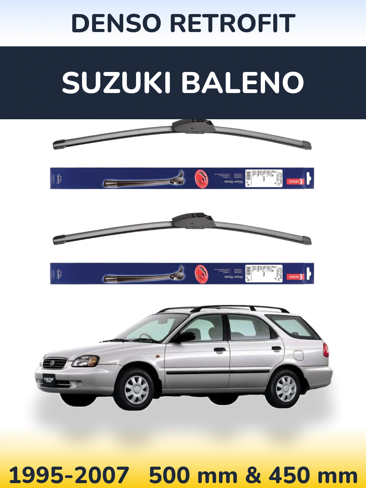 Front wiper blade set Denso Retrofit 500 & 450 mm for Suzuki Baleno 1995-2007