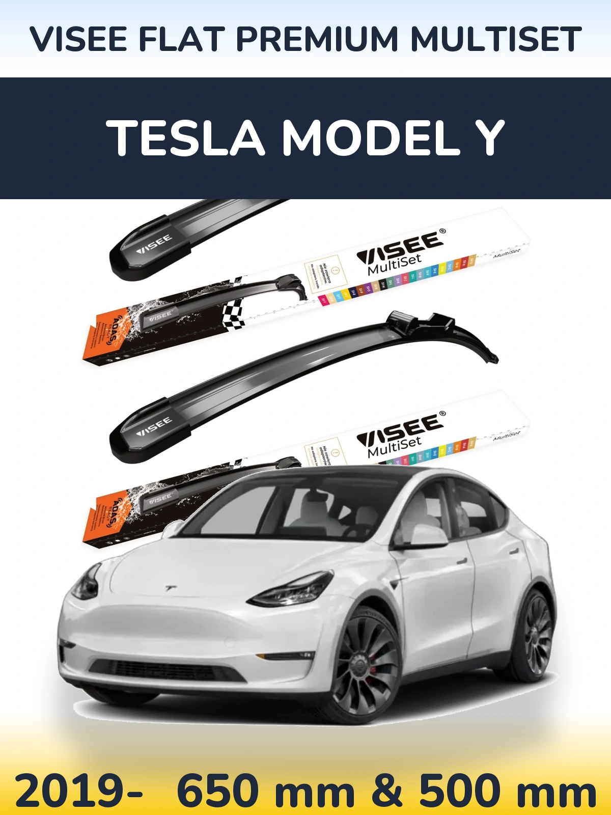 Комплект передних дворников VISEE FLAT PREMIUM MultiSet 650 & 500 мм для Tesla Модель Y 2019-2026