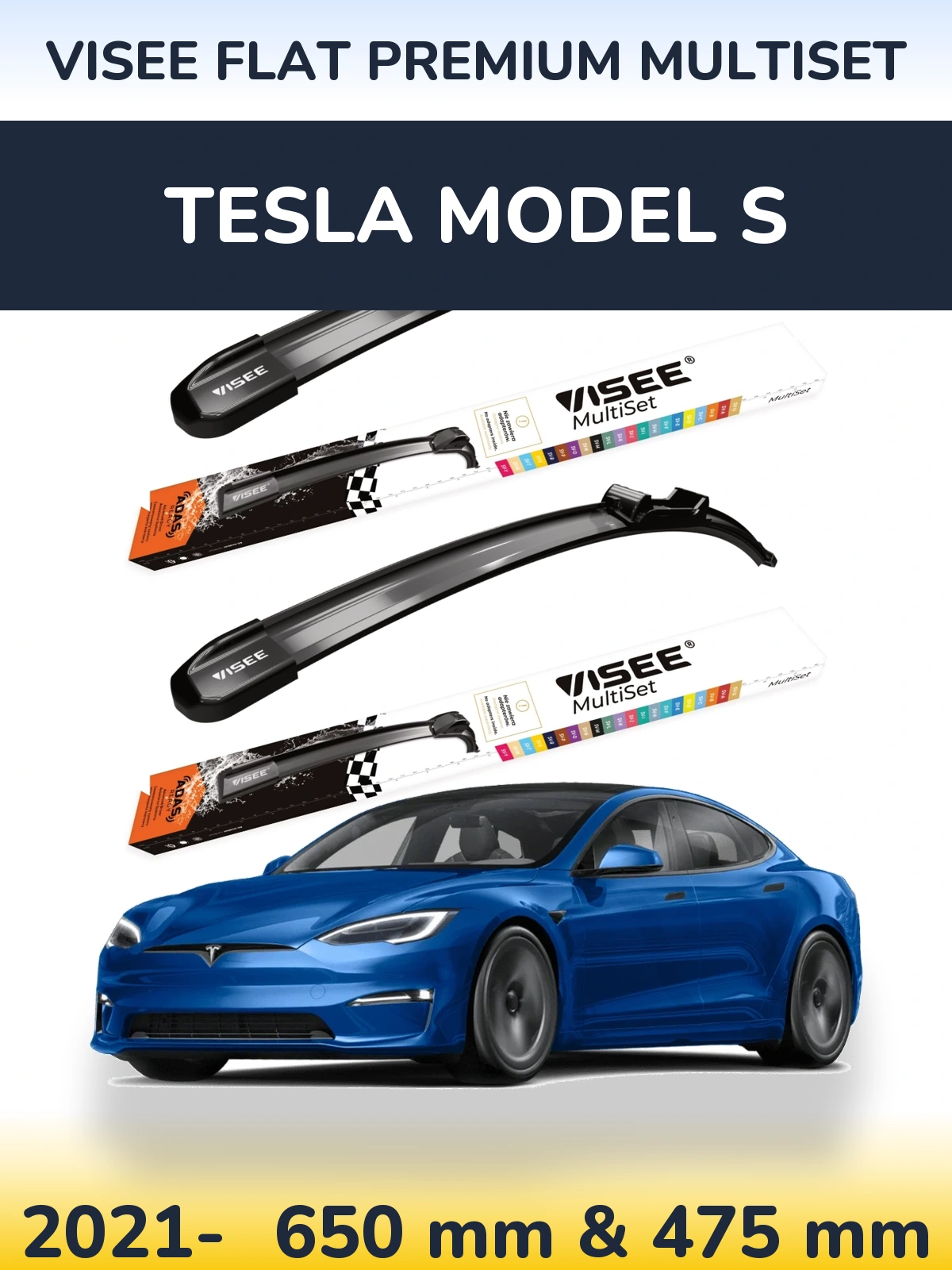 Komplet przednich wycieraczek VISEE FLAT PREMIUM MultiSet 650 & 475 mm do Tesla Model S 2021-2026