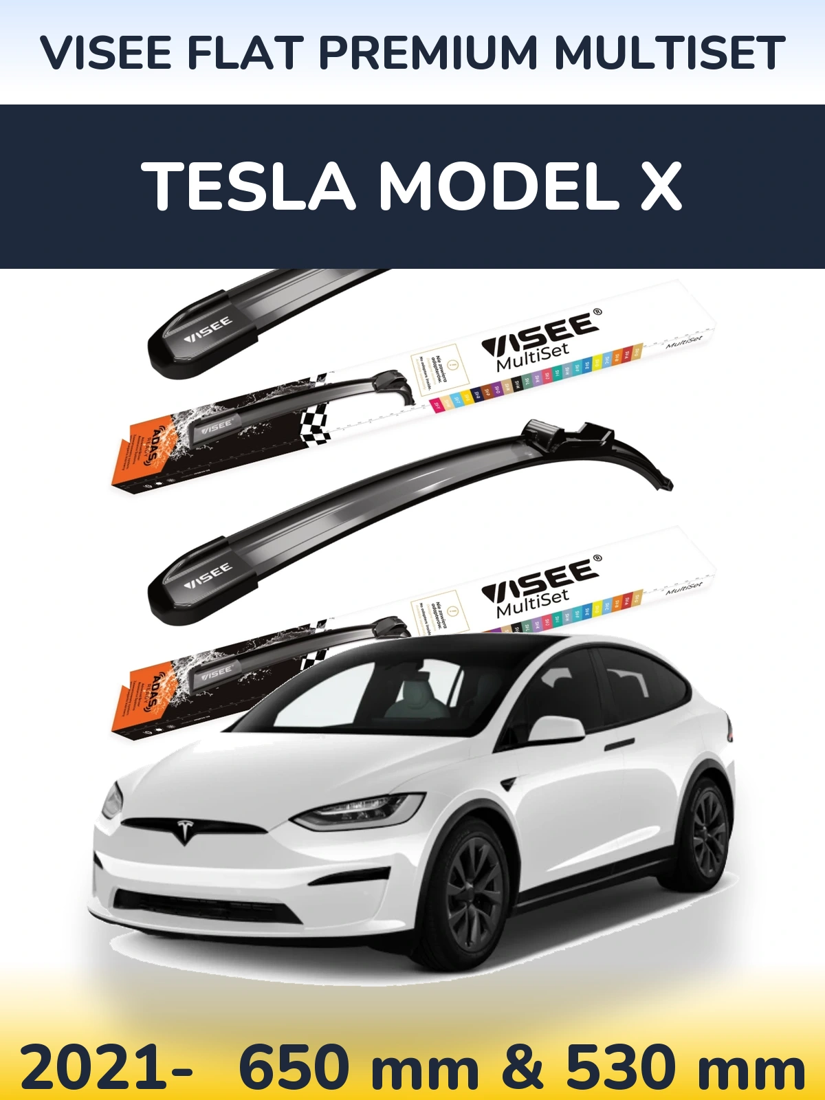 Front wiper blade set VISEE FLAT PREMIUM MultiSet 650 & 530 mm for Tesla Model X 2021-2026