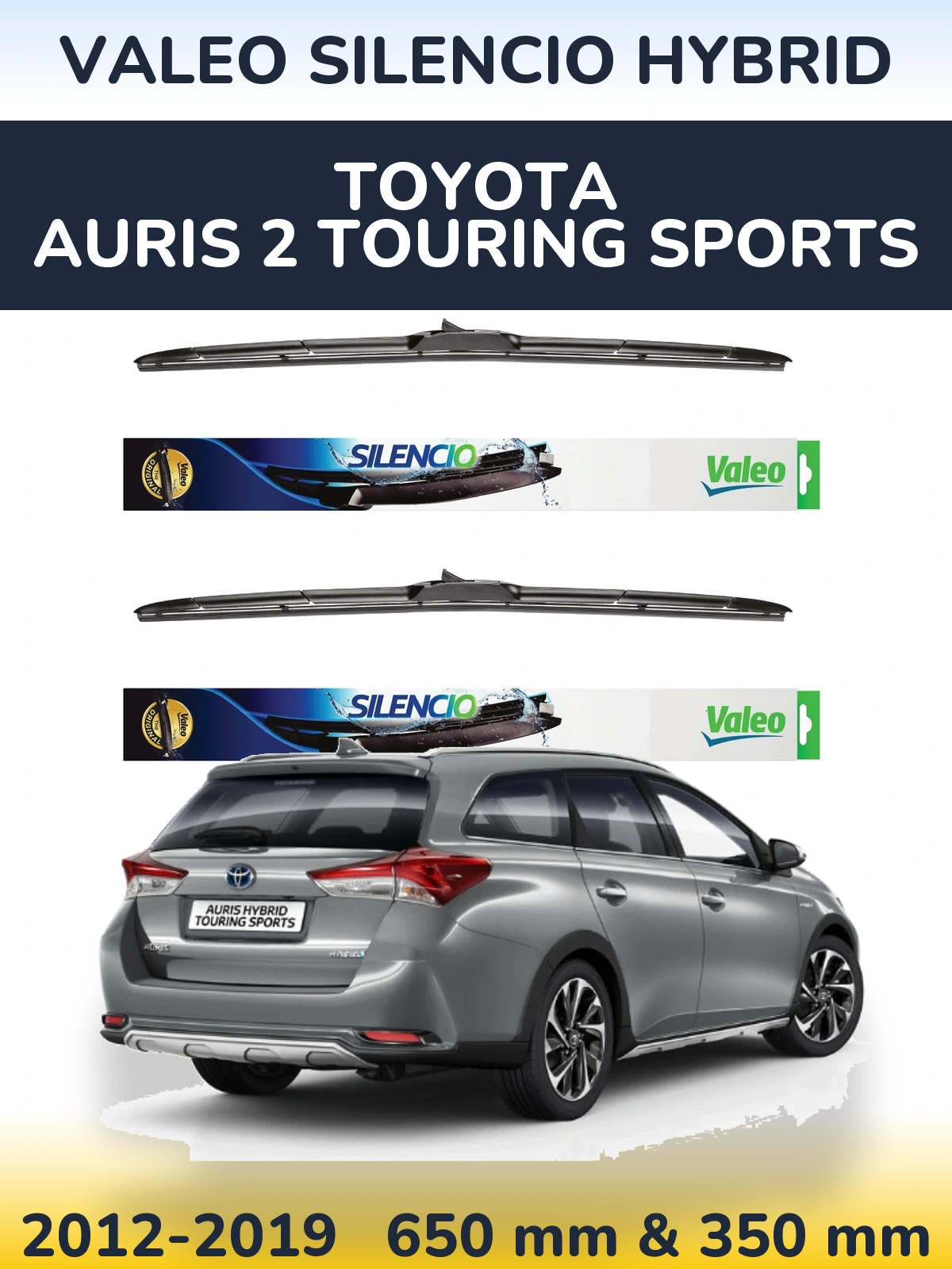 Front wiper blade set Valeo Silencio Hybrid 650 & 350 mm for Toyota Auris 2 Touring Sports 2012-2019