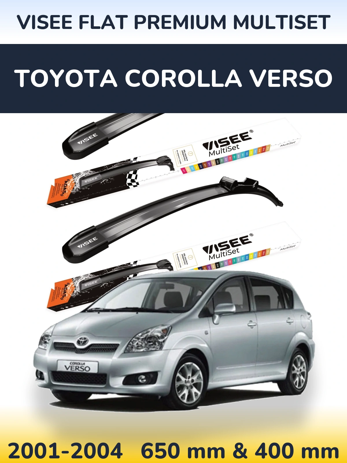 Комплект передних дворников VISEE FLAT PREMIUM MultiSet 650 & 400 мм для Toyota Corolla Verso 2001-2004