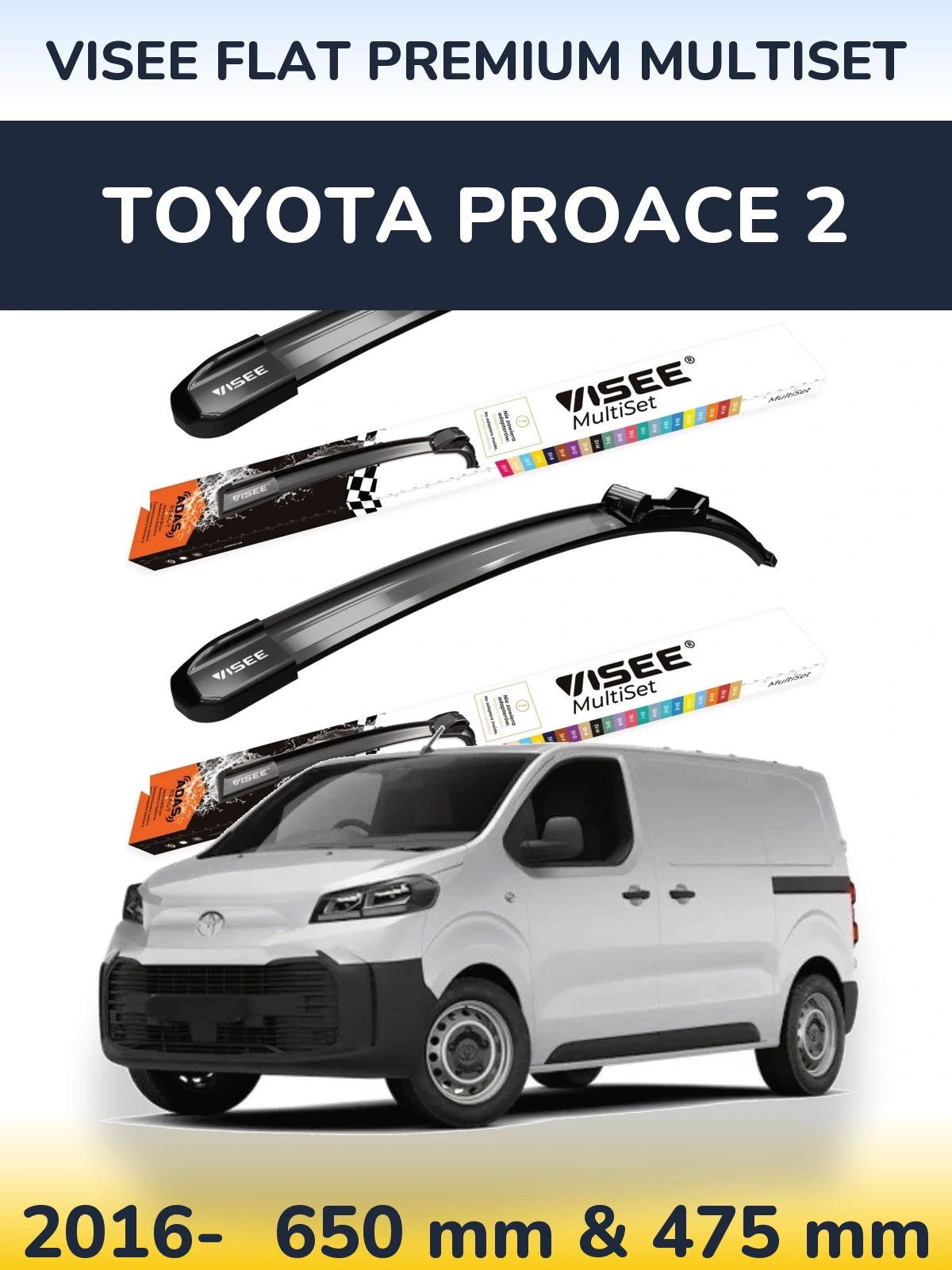 Комплект передних дворников VISEE FLAT PREMIUM MultiSet 650 & 475 мм для Toyota ProAce 2 2016-2026