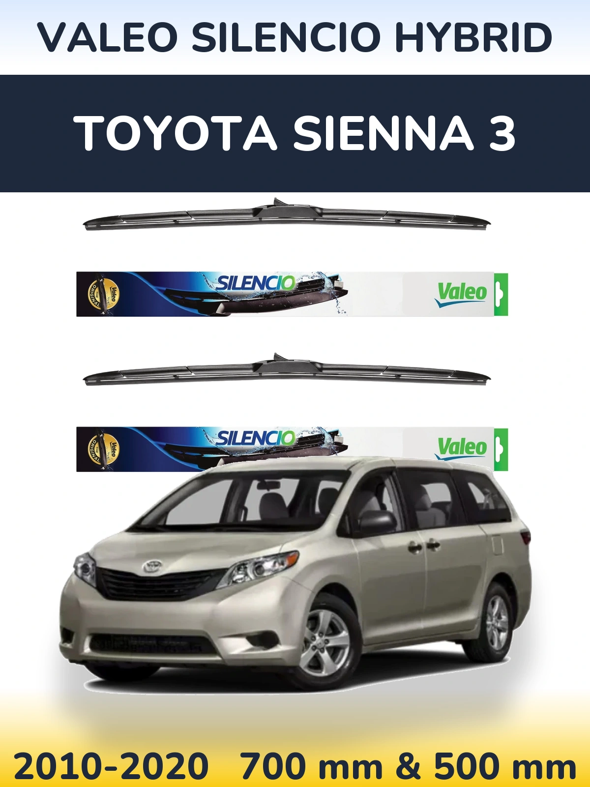 Front wiper blade set Valeo Silencio Hybrid 700 & 500 mm for Toyota Sienna 3 2010-2020