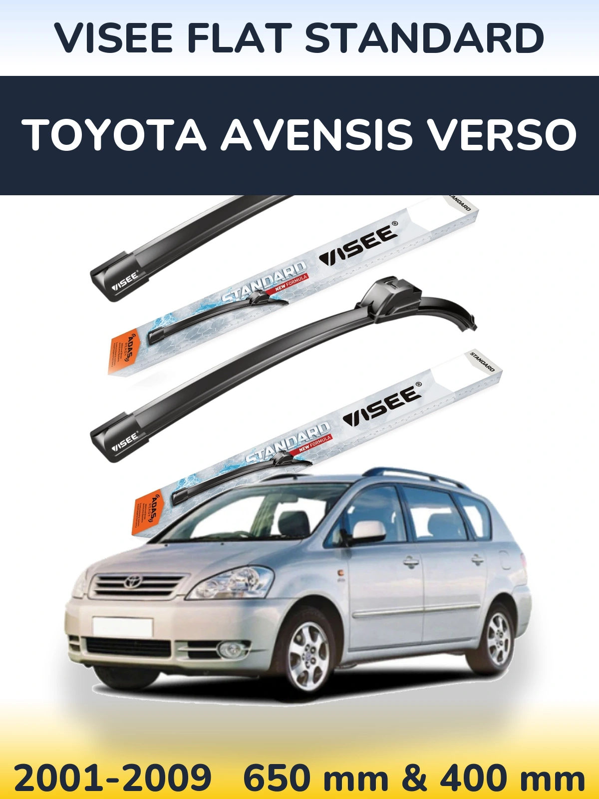 Комплект передних дворников VISEE FLAT STANDARD 650 & 400 мм для Toyota Avensis Verso 2001-2009