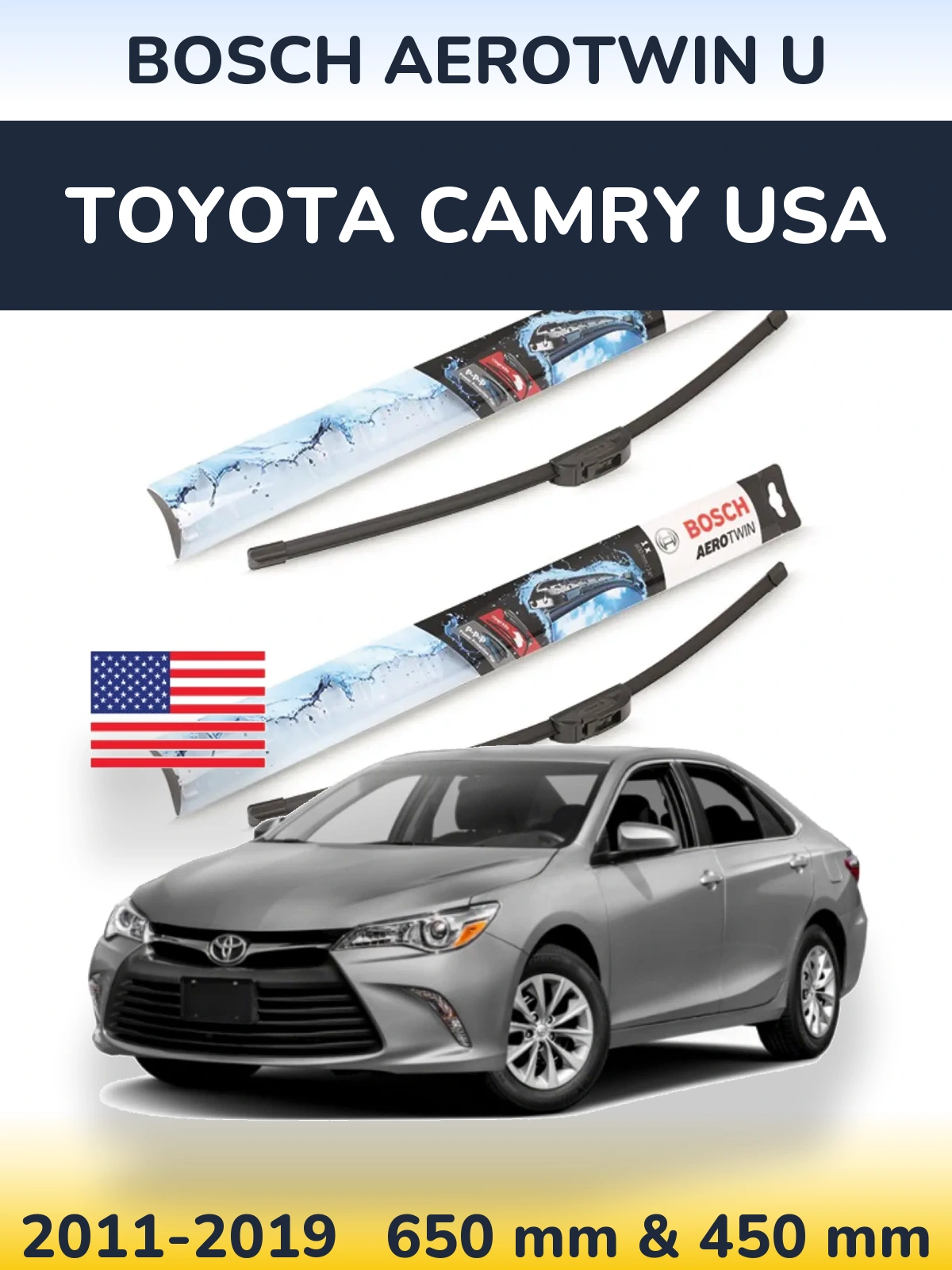 Комплект передних дворников BOSCH AeroTwin U 650 & 450 мм для Toyota Camry USA 2011-2019