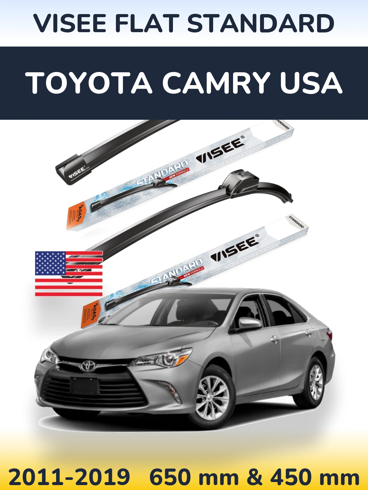 Front wiper blade set VISEE FLAT STANDARD 650 & 450 mm for Toyota Camry USA 2011-2019