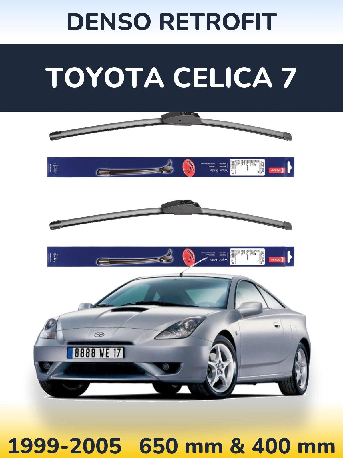 Front wiper blade set Denso Retrofit 650 & 400 mm for Toyota Celica 7 1999-2005