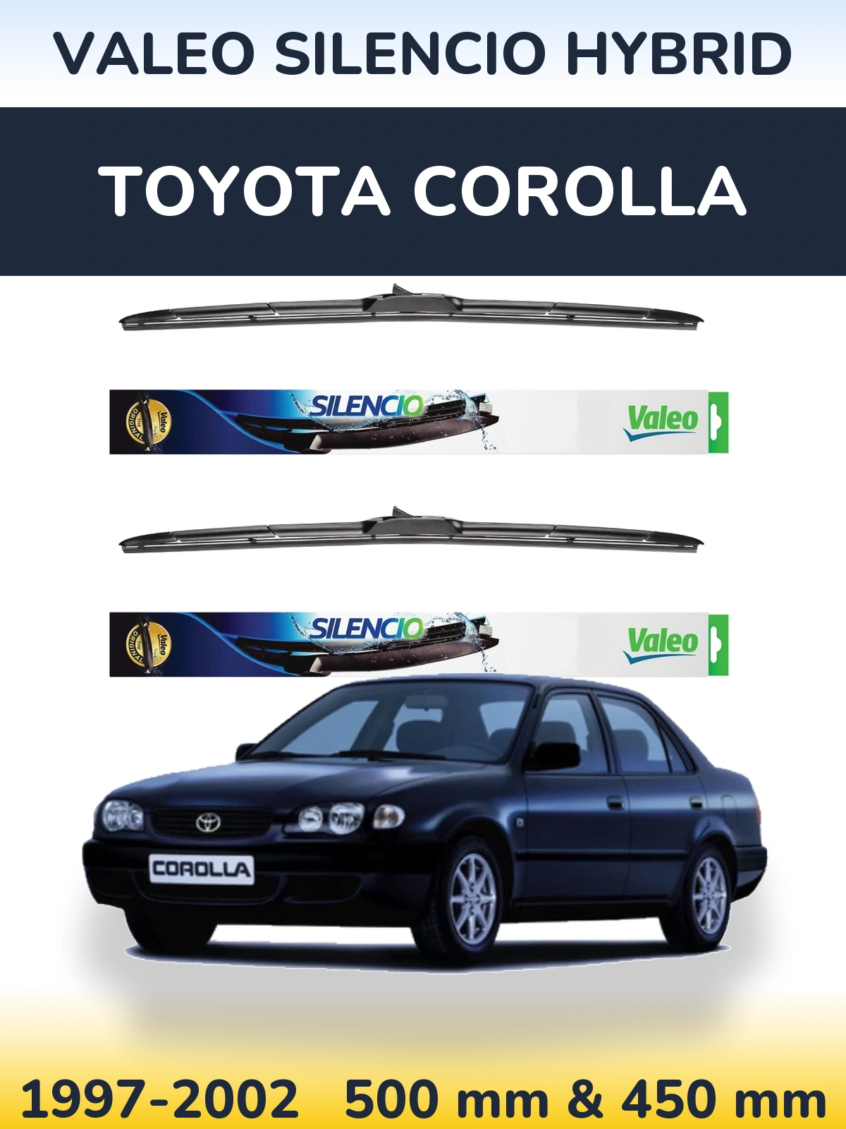Front wiper blade set Valeo Silencio Hybrid 500 & 450 mm for Toyota Corolla 1997-2002