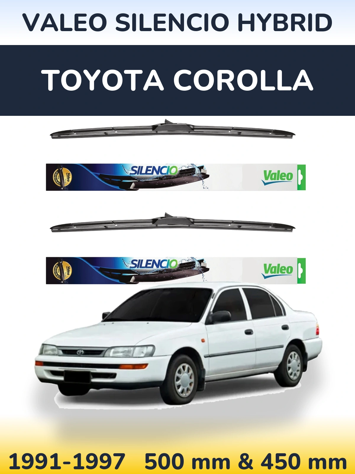 Komplet przednich wycieraczek Valeo Silencio Hybrid 500 & 450 mm do Toyota Corolla 1991-1997
