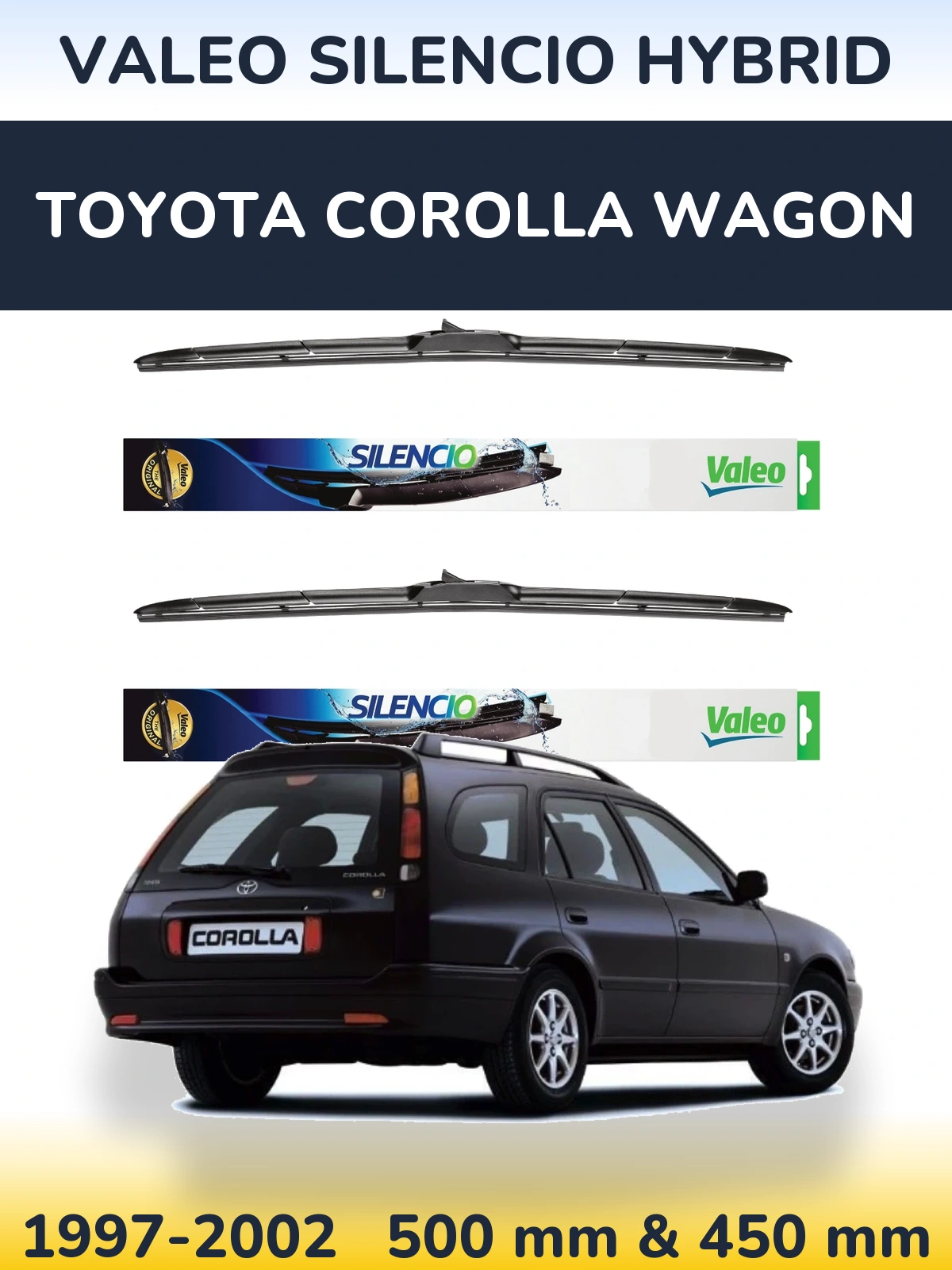 Komplet przednich wycieraczek Valeo Silencio Hybrid 500 & 450 mm do Toyota Corolla Wagon 1997-2002