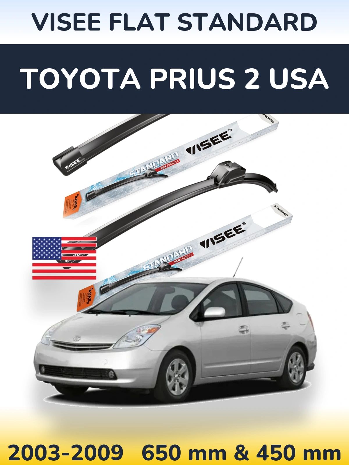 Комплект передних дворников VISEE FLAT STANDARD 650 & 450 мм для Toyota Prius 2 USA 2003-2009