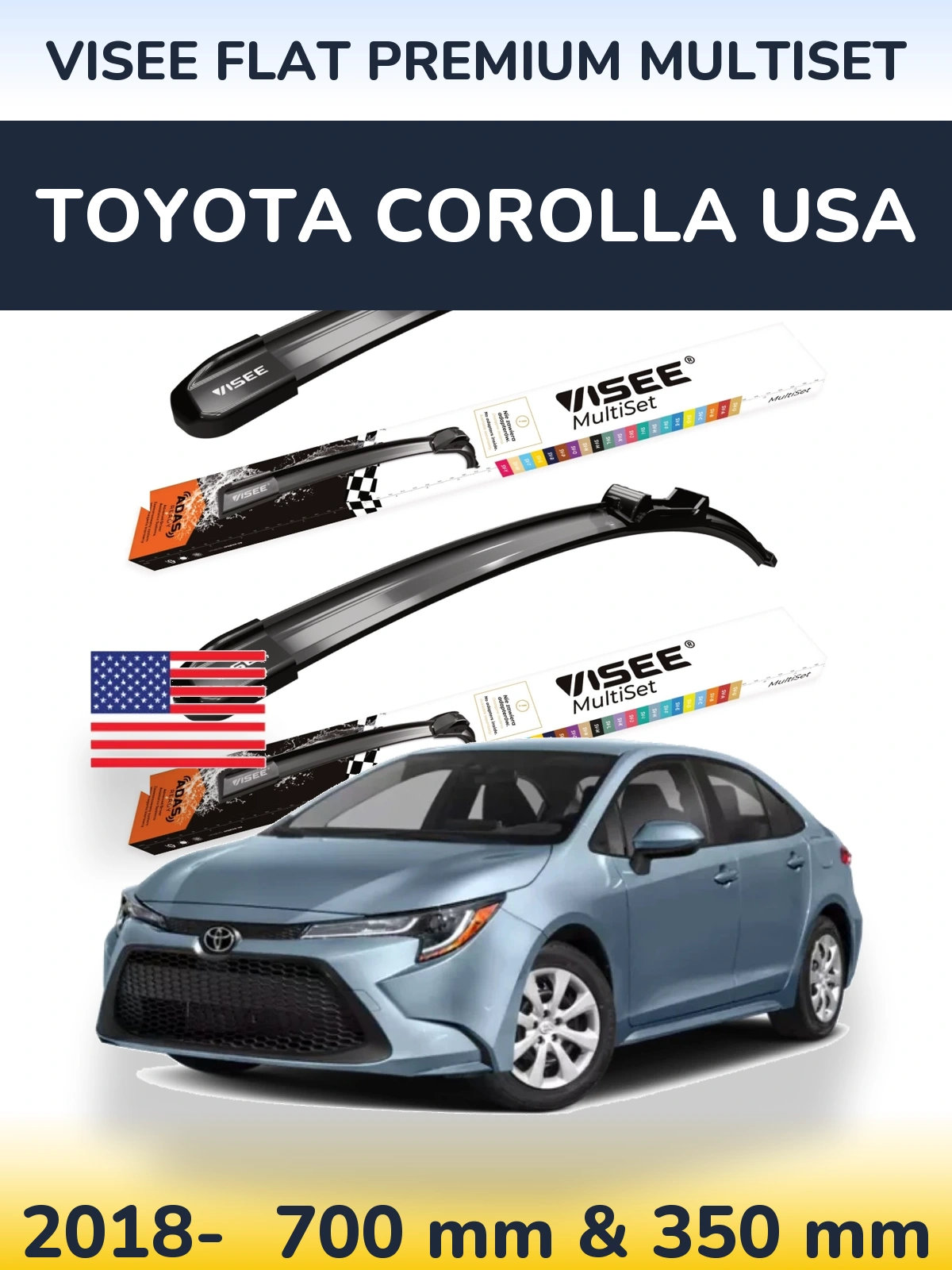 Komplet przednich wycieraczek VISEE FLAT PREMIUM MultiSet 700 & 350 mm do Toyota Corolla USA 2018-2026