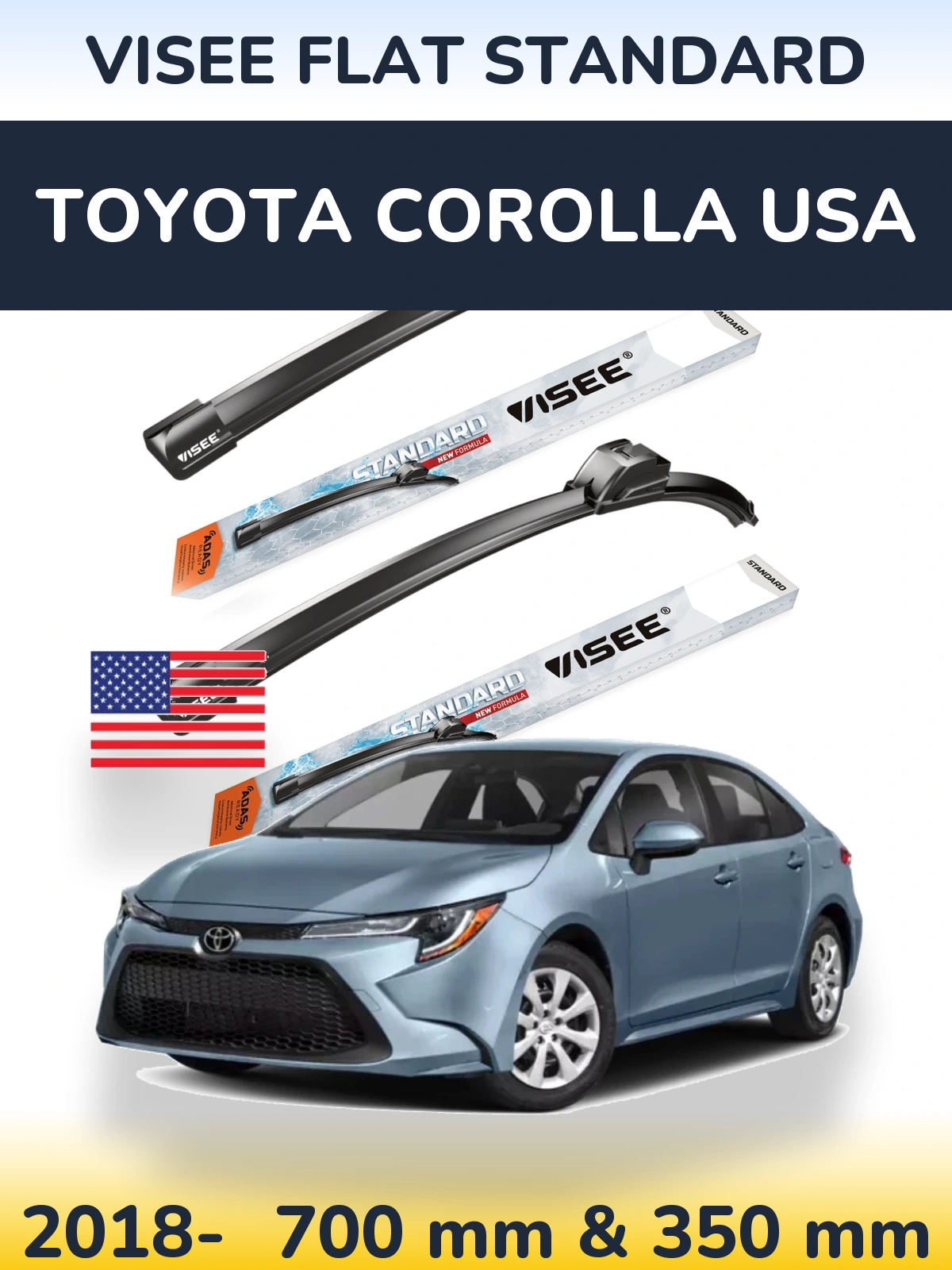 Komplet przednich wycieraczek VISEE FLAT STANDARD 700 & 350 mm do Toyota Corolla USA 2018-2026