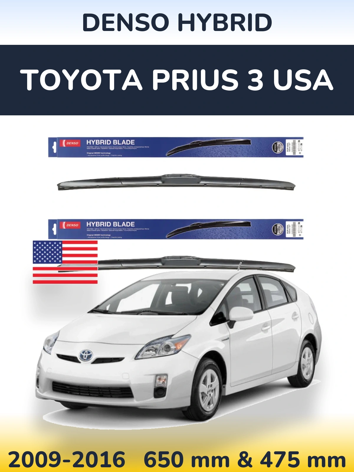 Komplet przednich wycieraczek Denso Hybrid 650 & 475 mm do Toyota Prius 3 USA 2009-2016