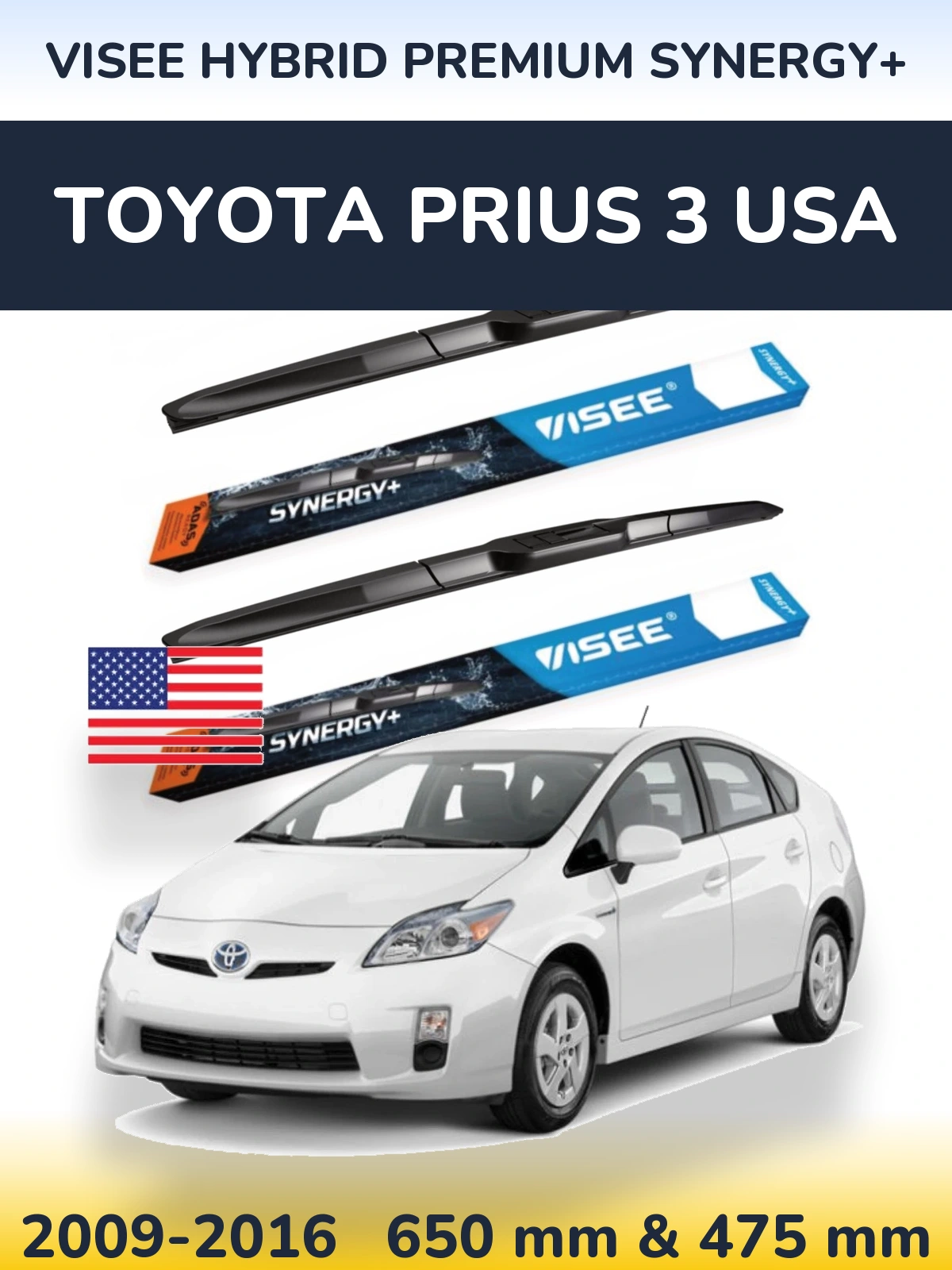 Front wiper blade set VISEE HYBRID PREMIUM SYNERGY+ 650 & 475 mm for Toyota Prius 3 USA 2009-2016