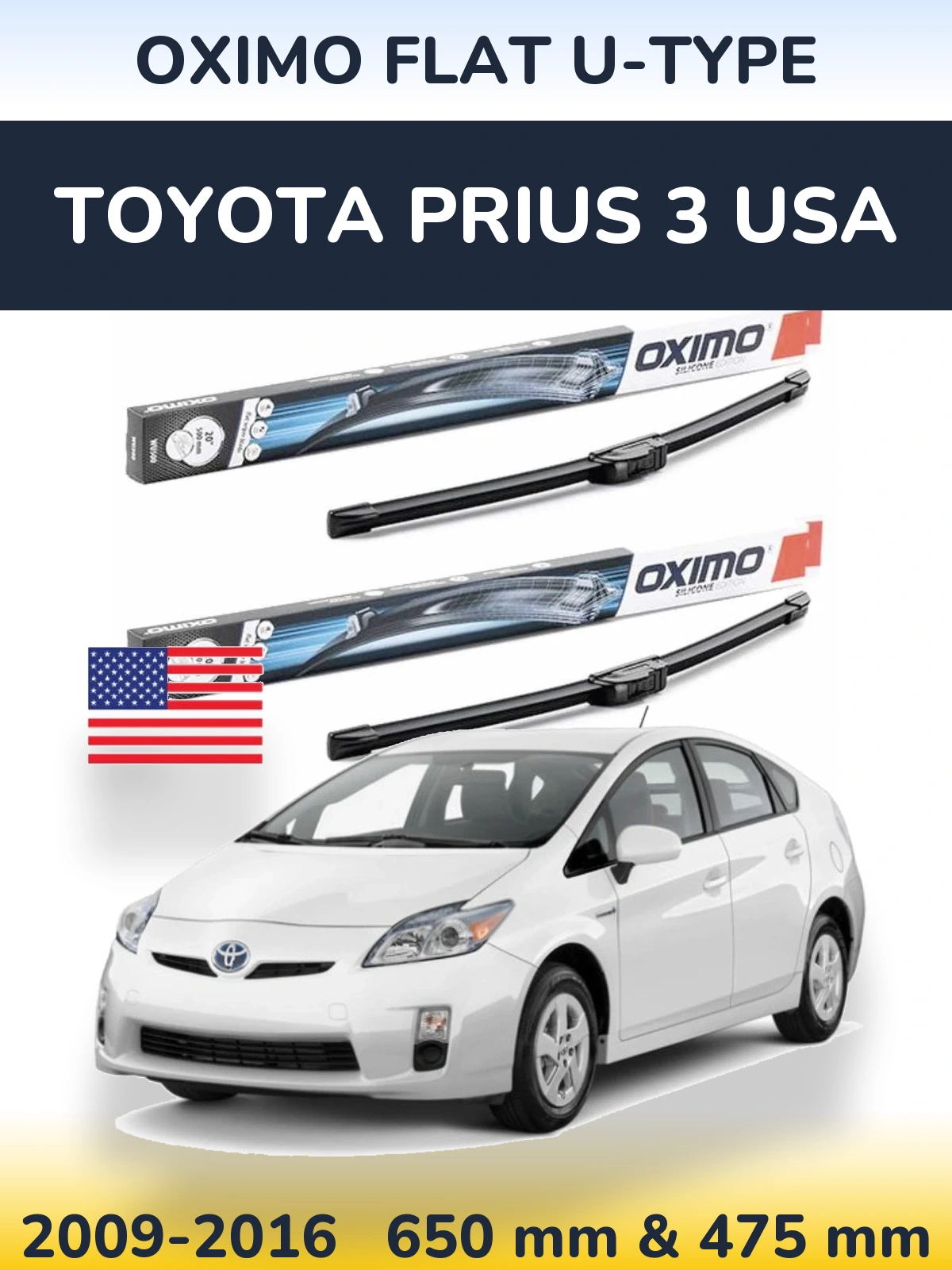 Комплект передних дворников Oximo Flat U-type 650 & 475 мм для Toyota Prius 3 USA 2009-2016