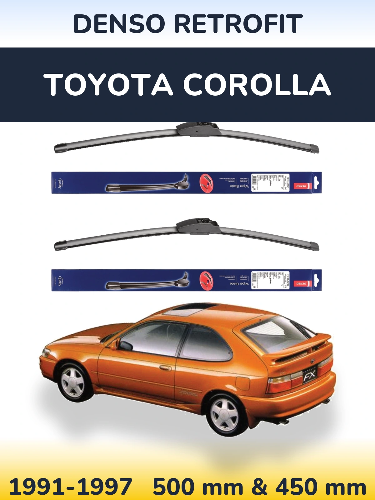 Komplet przednich wycieraczek Denso Retrofit 500 & 450 mm do Toyota Corolla 1991-1997