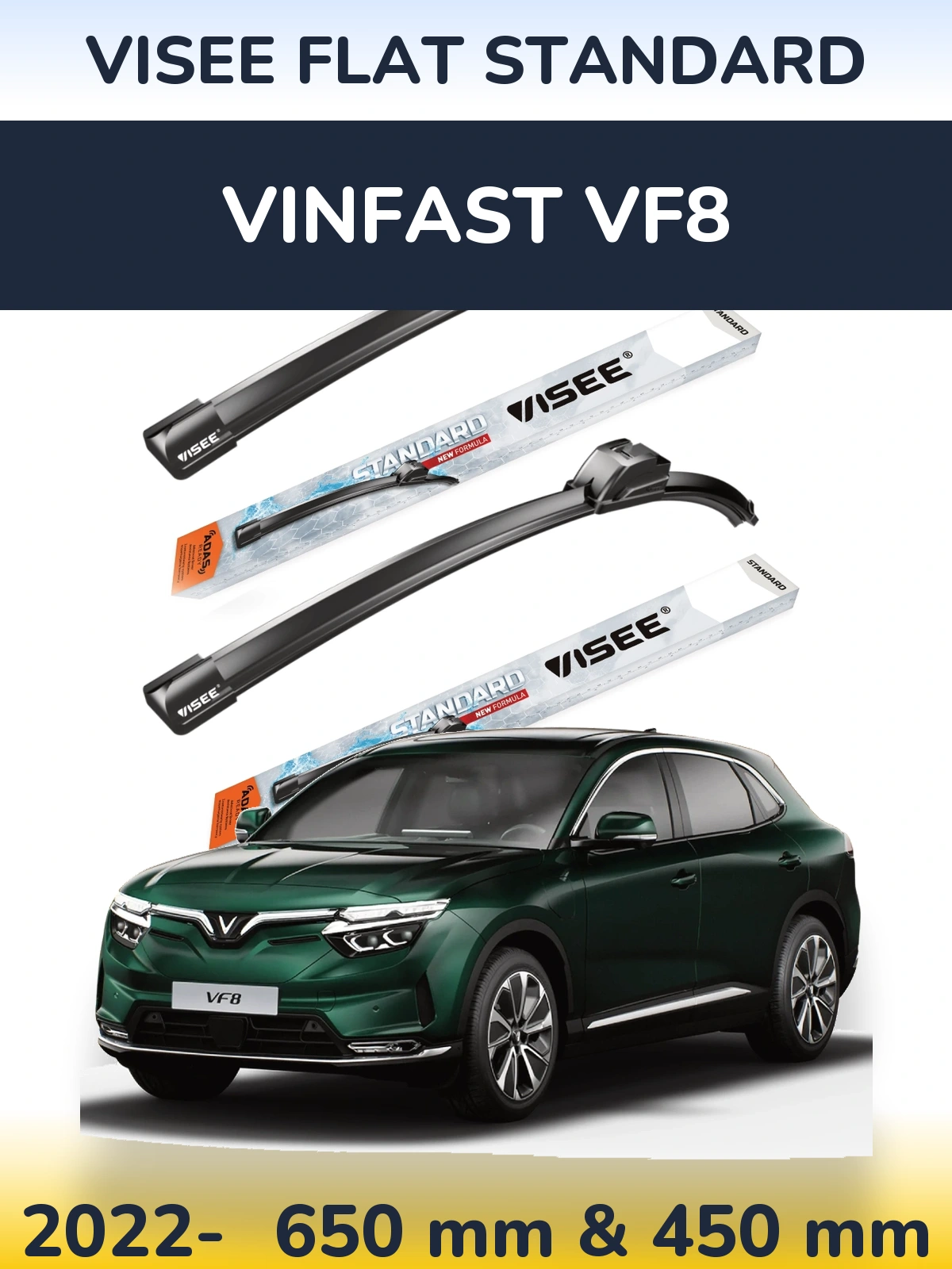 Komplet przednich wycieraczek VISEE FLAT STANDARD 650 & 450 mm do Vinfast VF8 2022-2026