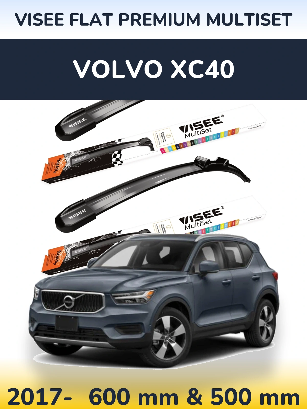 Комплект передних дворников VISEE FLAT PREMIUM MultiSet 600 & 500 мм для Volvo XC40 2017-2026