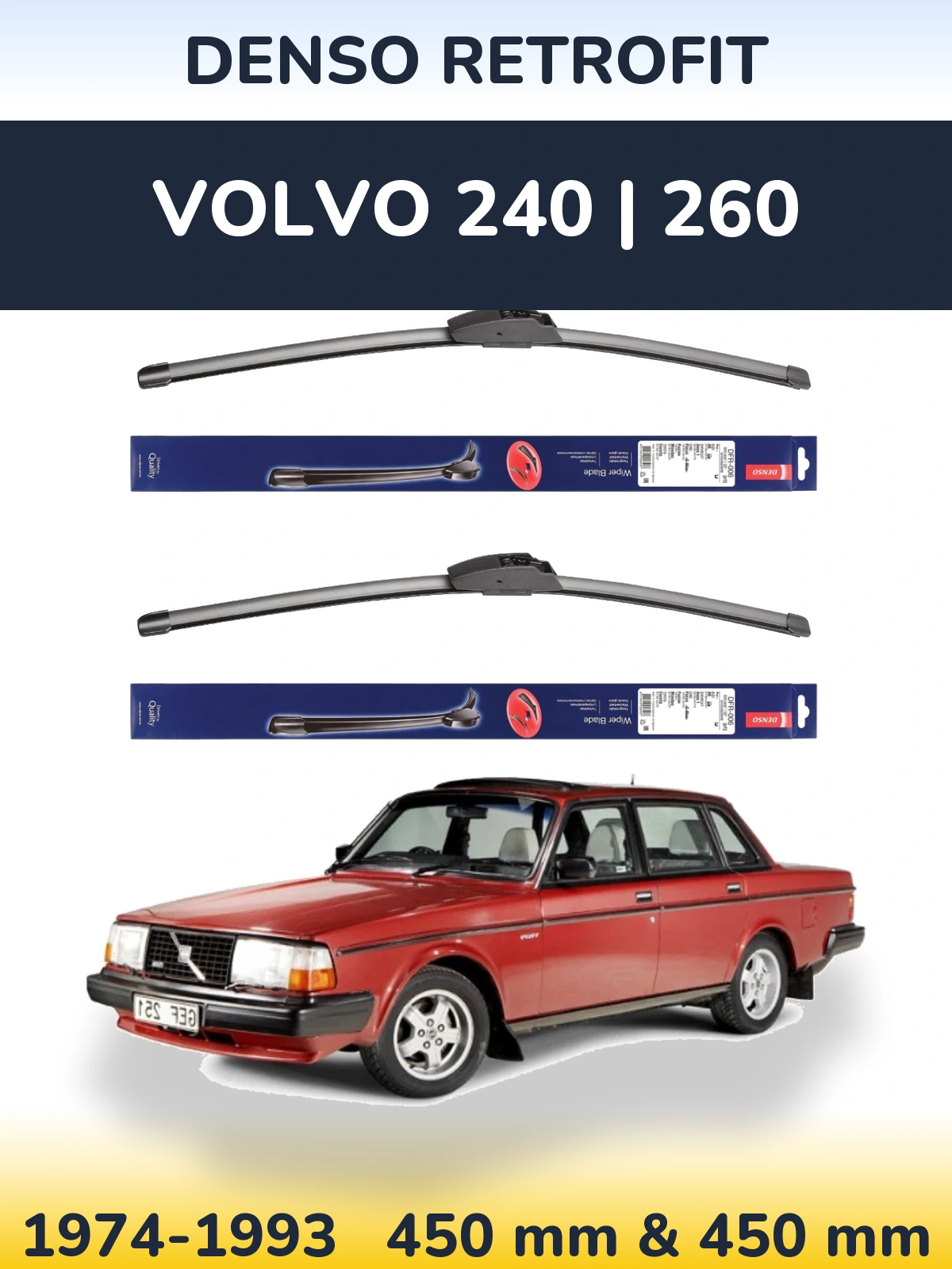 Komplet przednich wycieraczek Denso Retrofit 450 & 450 mm do Volvo 240 | 260 1974-1993