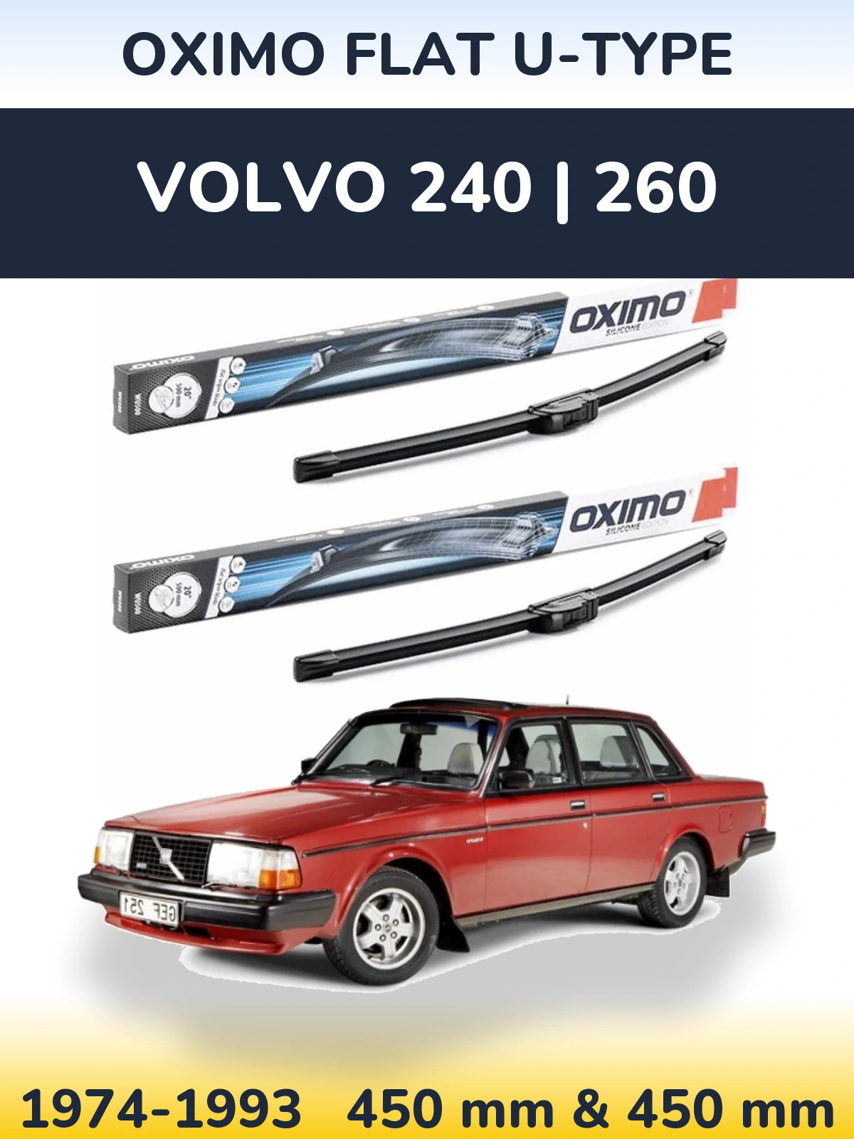 Комплект передних дворников Oximo Flat U-type 450 & 450 мм для Volvo 240 | 260 1974-1993