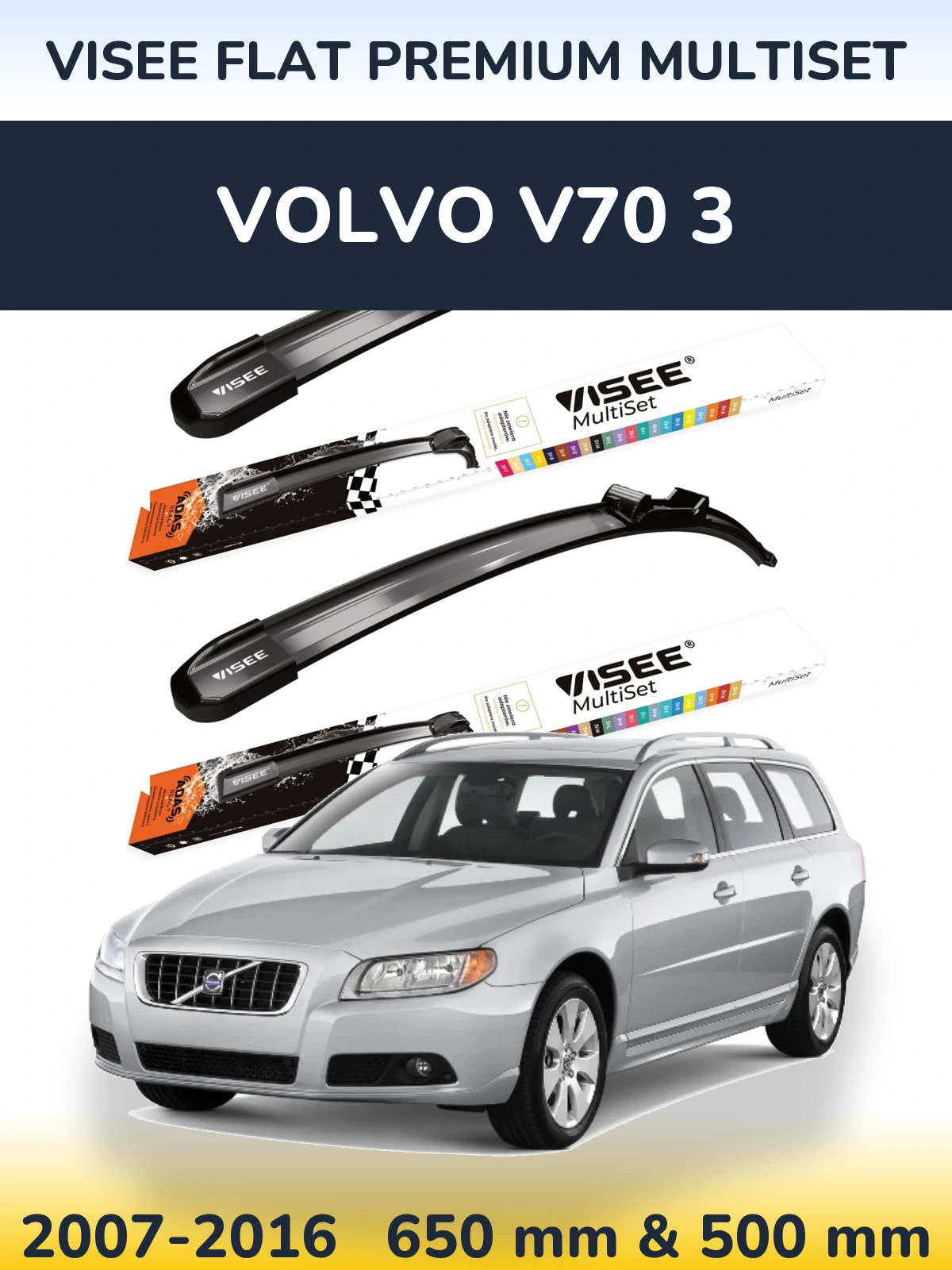 Komplet przednich wycieraczek VISEE FLAT PREMIUM MultiSet 650 & 500 mm do Volvo V70 3 2007-2016