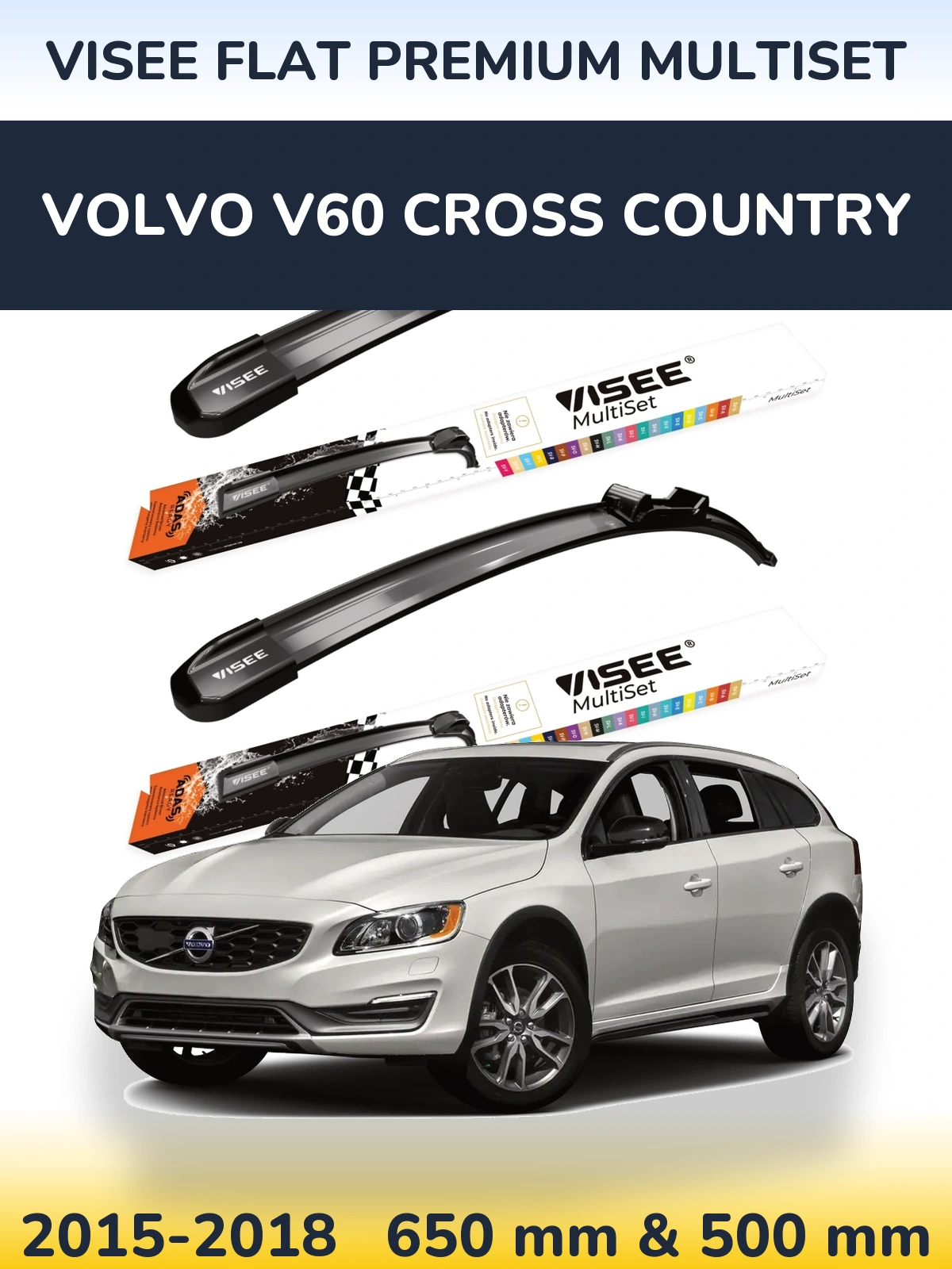 Komplet przednich wycieraczek VISEE FLAT PREMIUM MultiSet 650 & 500 mm do Volvo V60 Cross Country 2015-2018