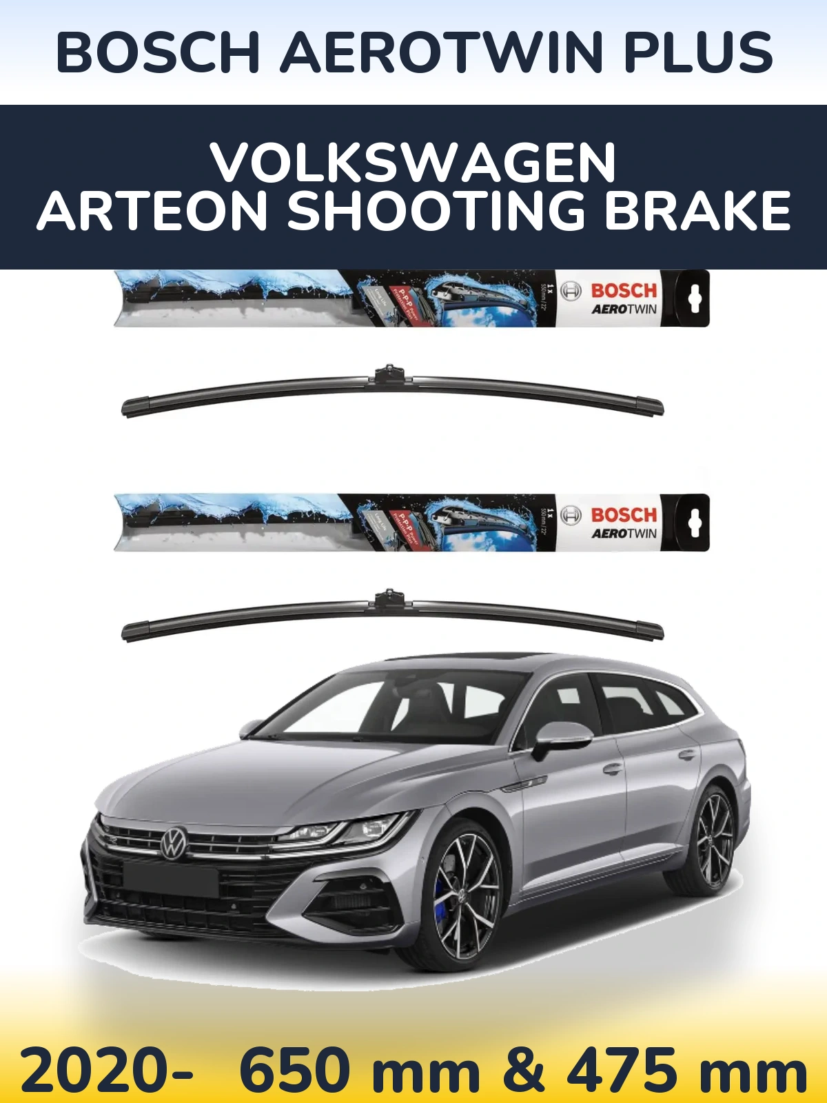 Комплект передних дворников BOSCH AeroTwin Plus 650 & 475 мм для Volkswagen Arteon Shooting Brake 2020-2026
