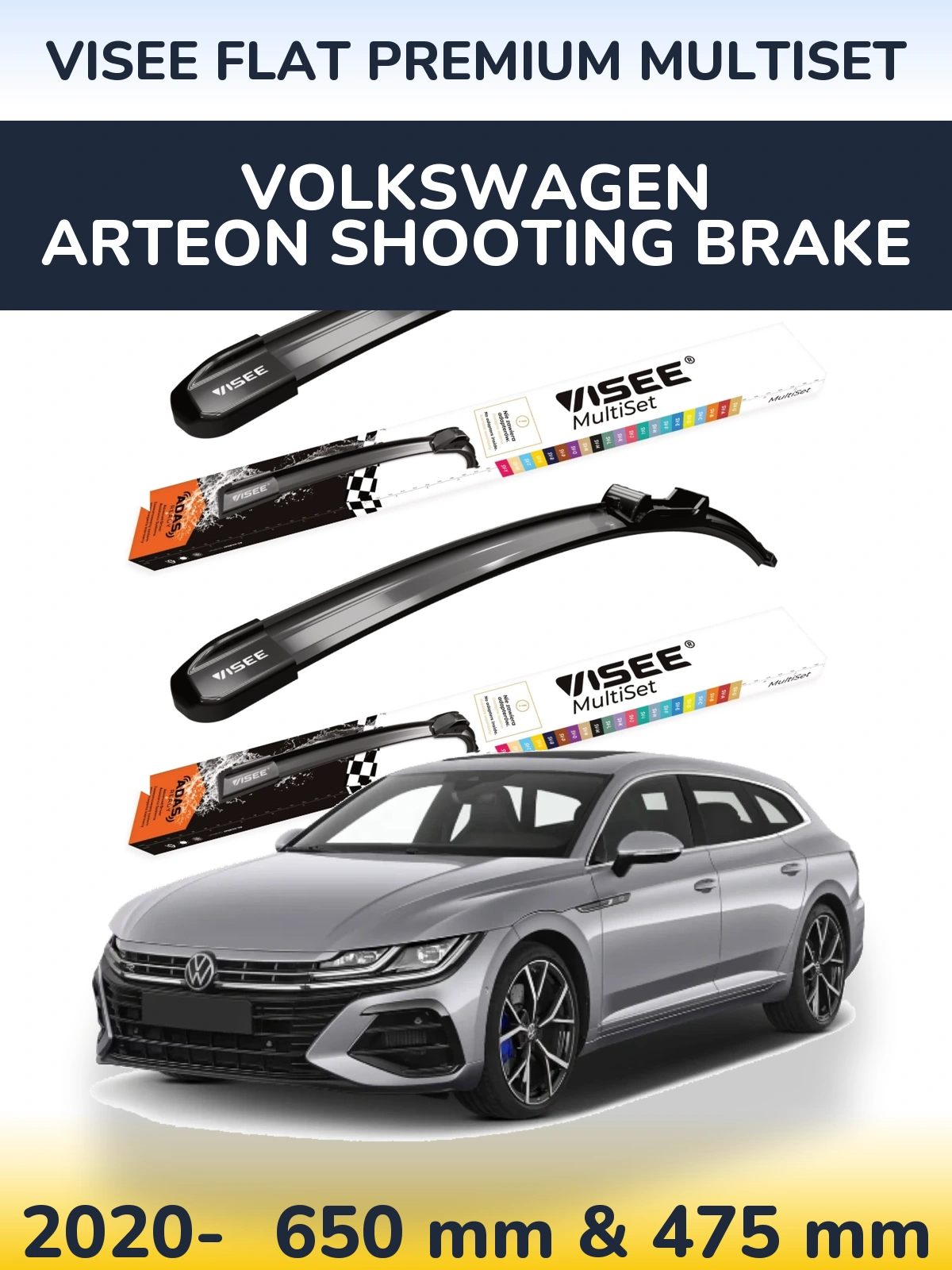 Комплект передних дворников VISEE FLAT PREMIUM MultiSet 650 & 475 мм для Volkswagen Arteon Shooting Brake 2020-2026