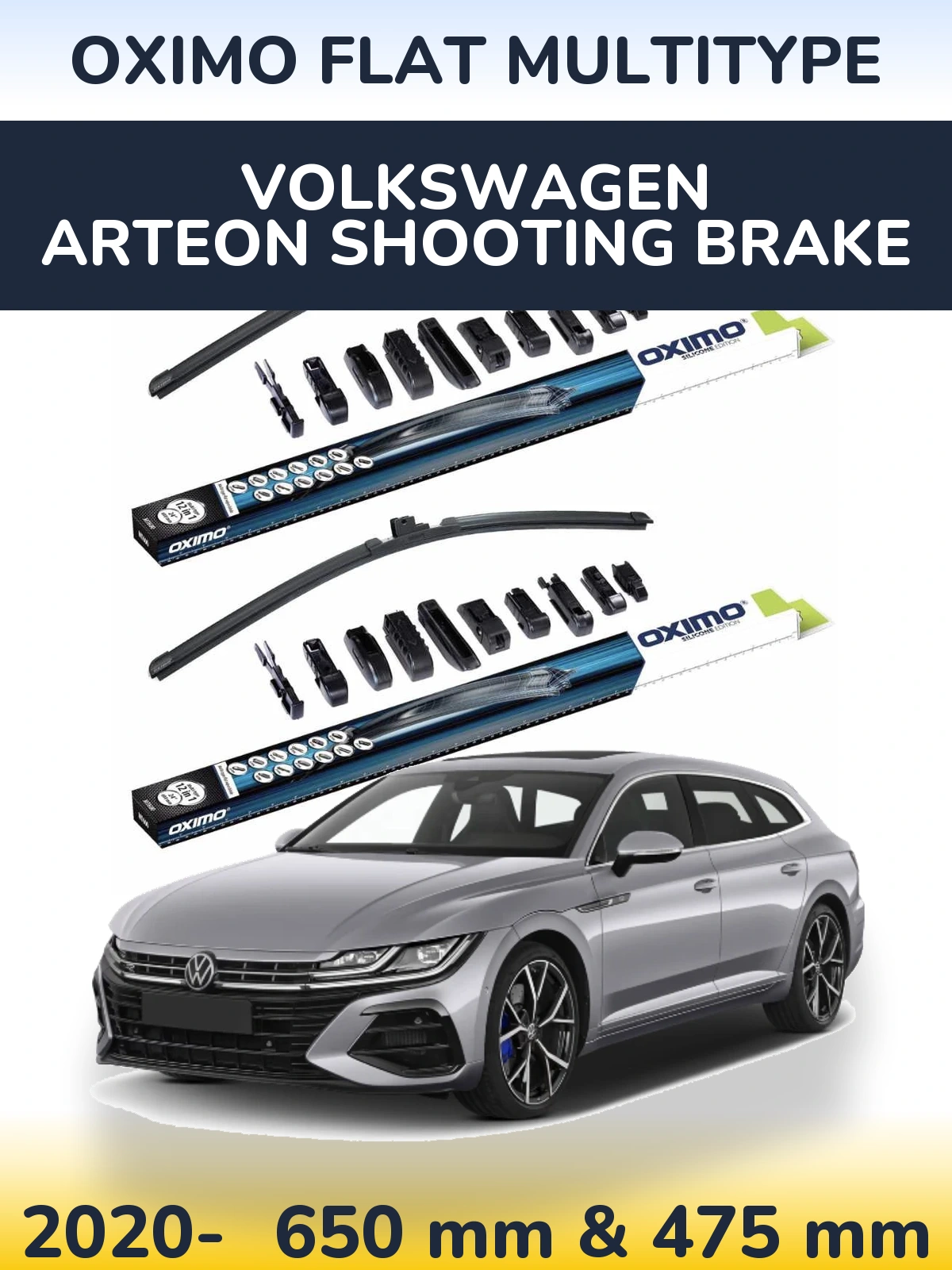 Комплект передних дворников Oximo Flat MultiТипe 650 & 475 мм для Volkswagen Arteon Shooting Brake 2020-2026