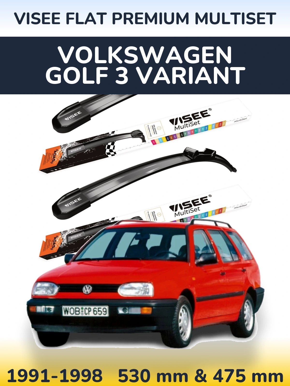Комплект передних дворников VISEE FLAT PREMIUM MultiSet 530 & 475 мм для Volkswagen Golf 3 Variant 1991-1998