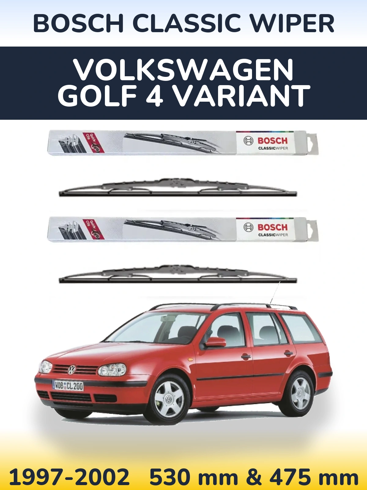 Komplet przednich wycieraczek BOSCH Classic Wiper 530 & 475 mm do Volkswagen Golf 4 Variant 1997-2002