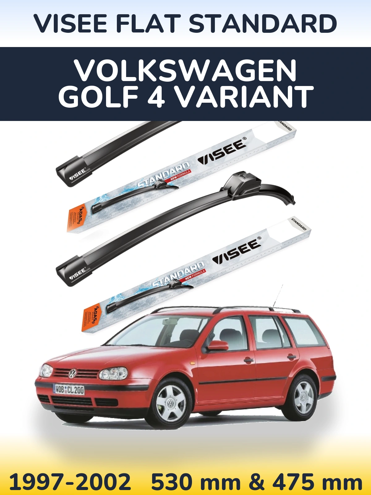 Front wiper blade set VISEE FLAT STANDARD 530 & 475 mm for Volkswagen Golf 4 Variant 1997-2002