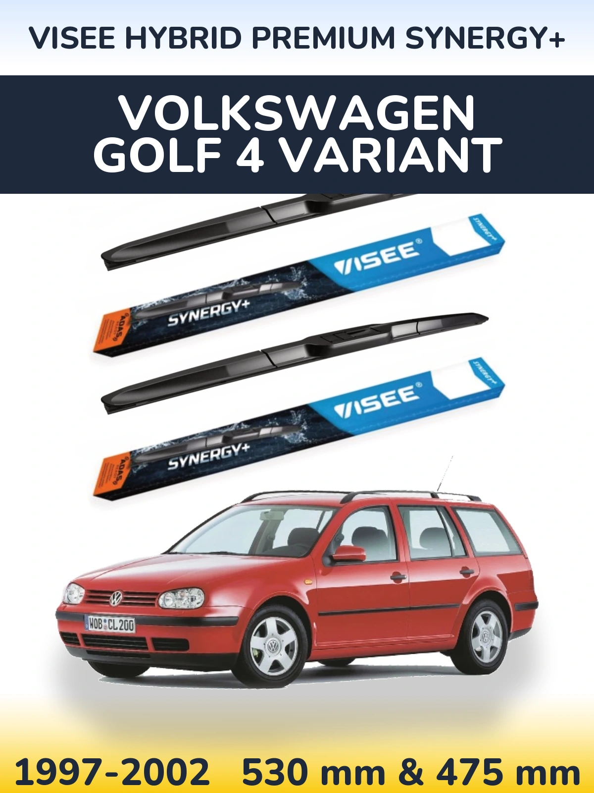 Front wiper blade set VISEE HYBRID PREMIUM SYNERGY+ 530 & 475 mm for Volkswagen Golf 4 Variant 1997-2002
