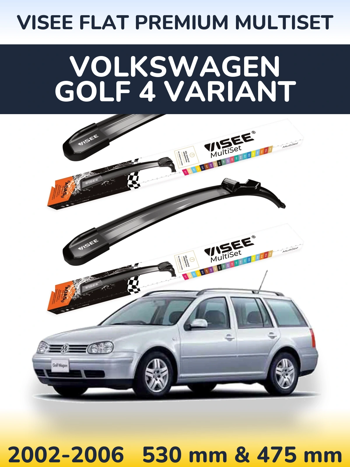 Komplet przednich wycieraczek VISEE FLAT PREMIUM MultiSet 530 & 475 mm do Volkswagen Golf 4 Variant 2002-2006