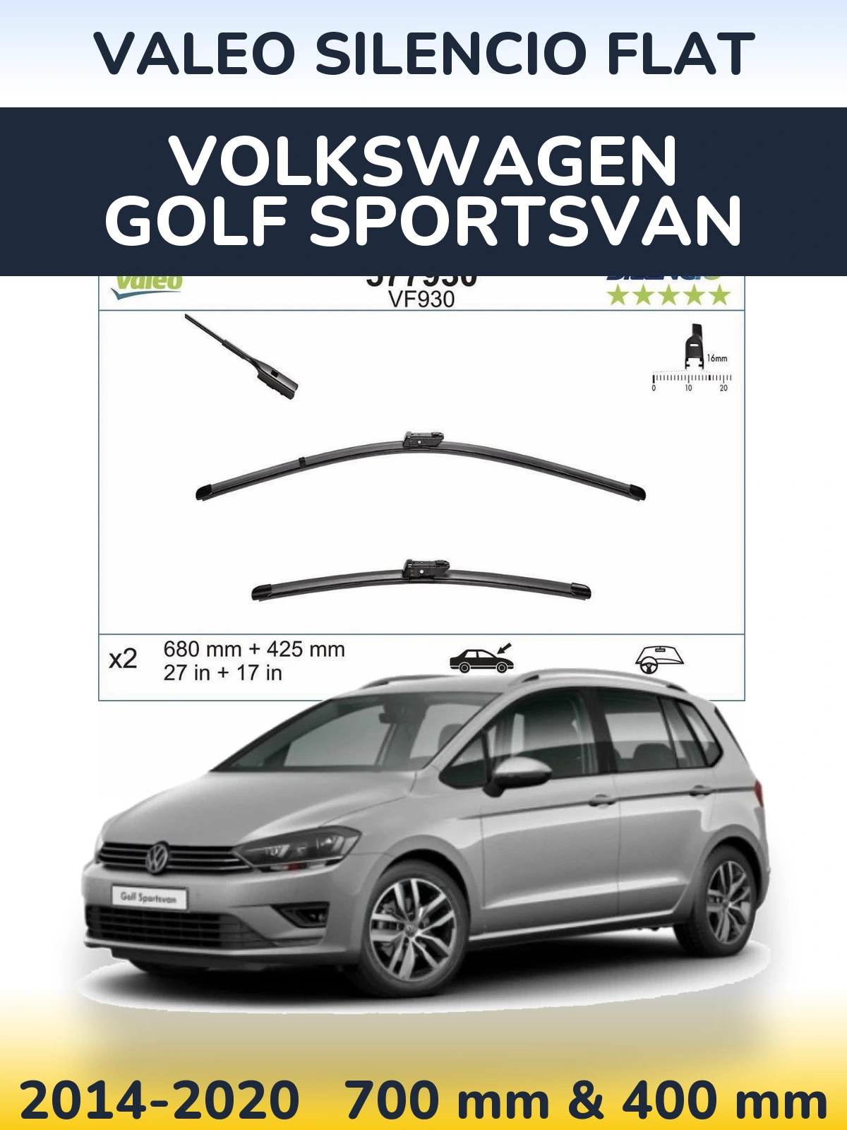Комплект передних дворников Valeo Silencio Flat 680 & 400 мм для Volkswagen Golf Sportsvan 2014-2020