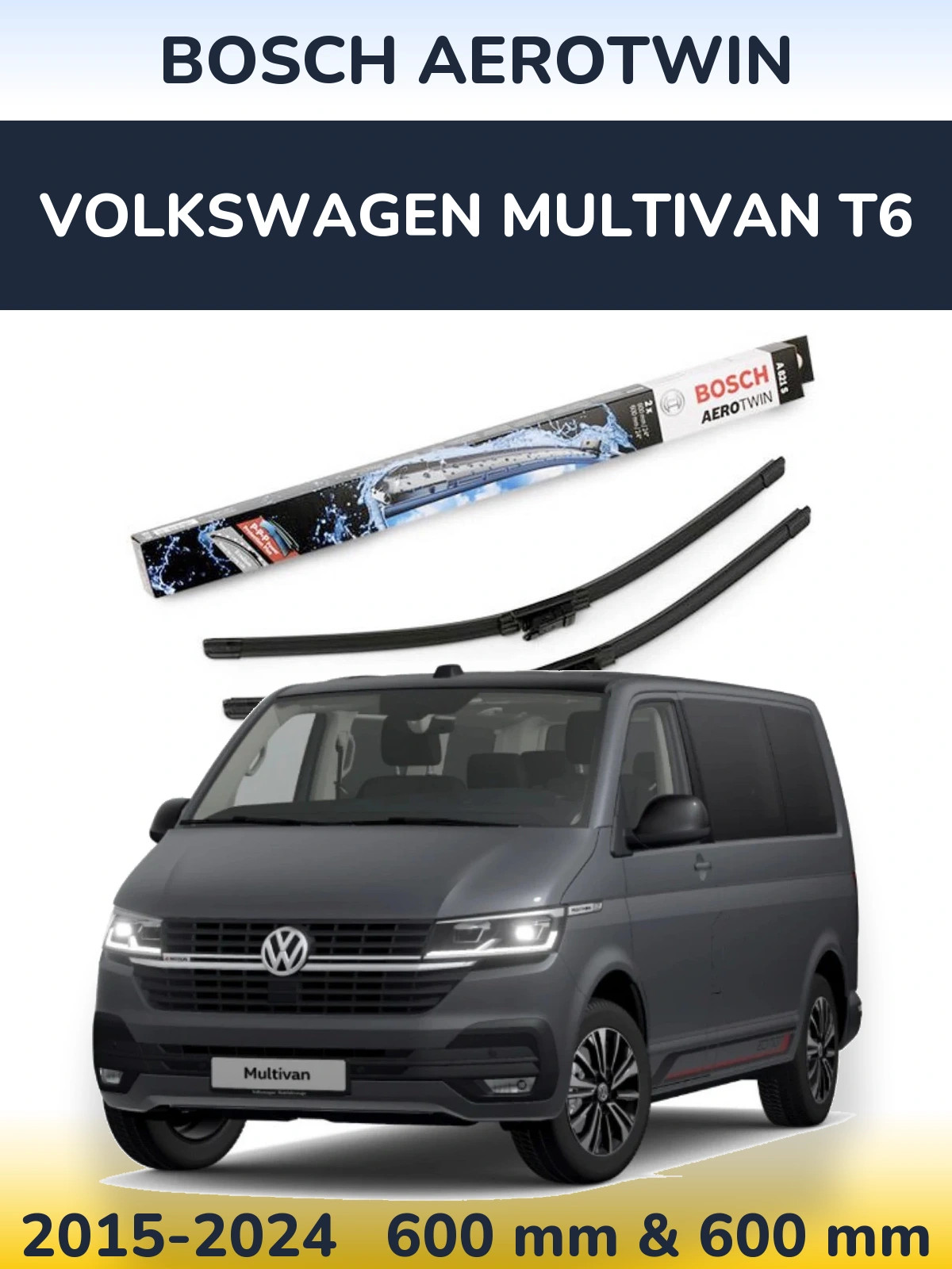 Комплект передних дворников BOSCH AeroTwin 600 & 600 мм для Volkswagen Multivan T6 2015-2024
