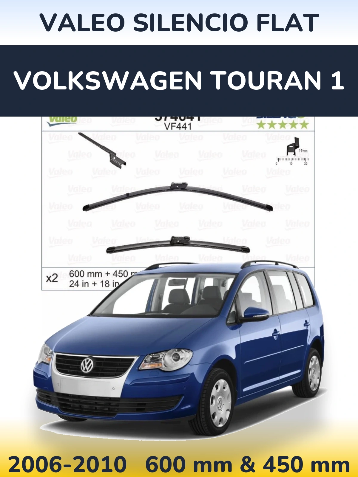 Комплект передних дворников Valeo Silencio Flat 600 & 450 мм для Volkswagen Touran 1 2006-2010