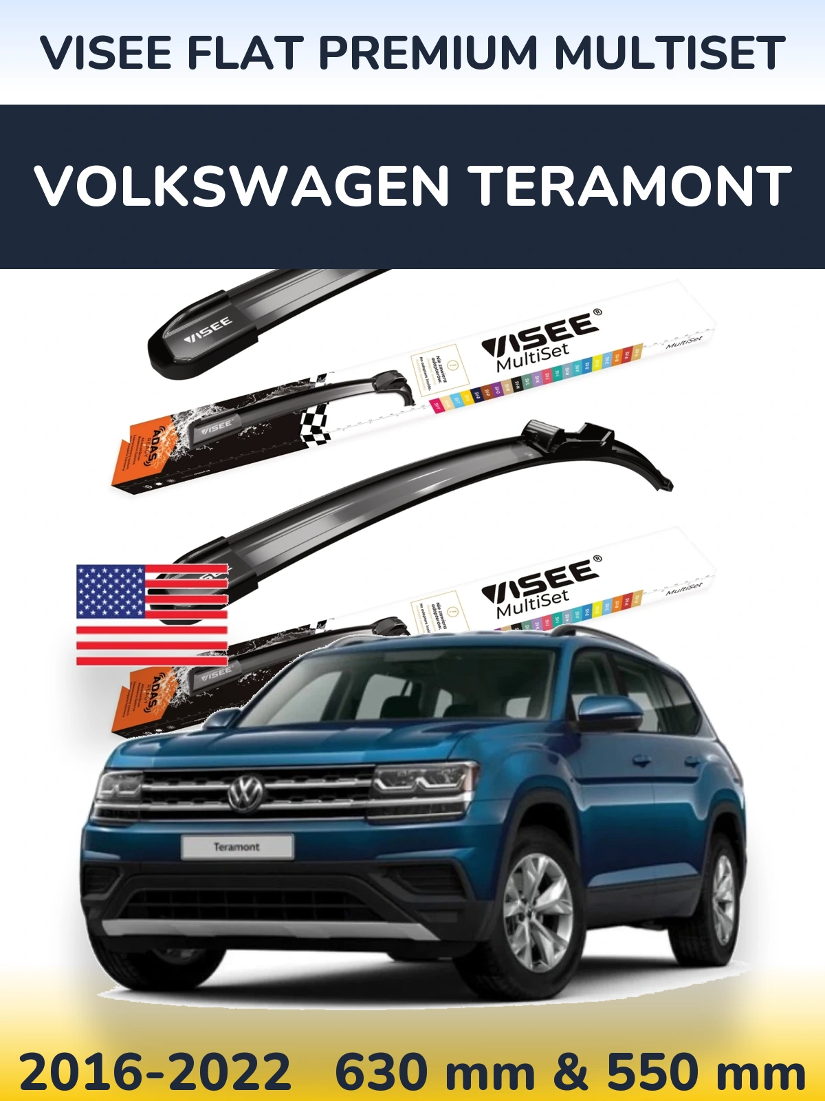 Front wiper blade set VISEE FLAT PREMIUM MultiSet 630 & 550 mm for Volkswagen Teramont 2016-2022