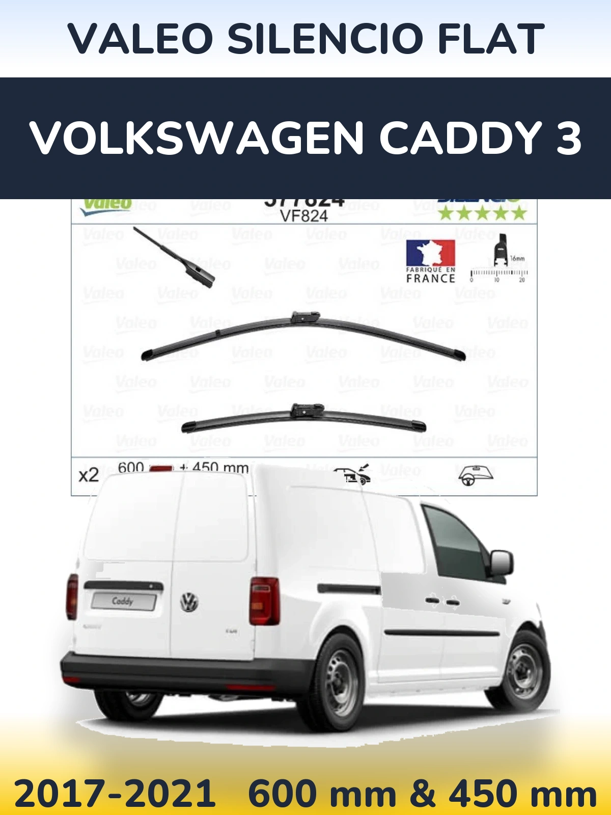 Комплект передних дворников Valeo Silencio Flat 600 & 450 мм для Volkswagen Caddy 3 2017-2021