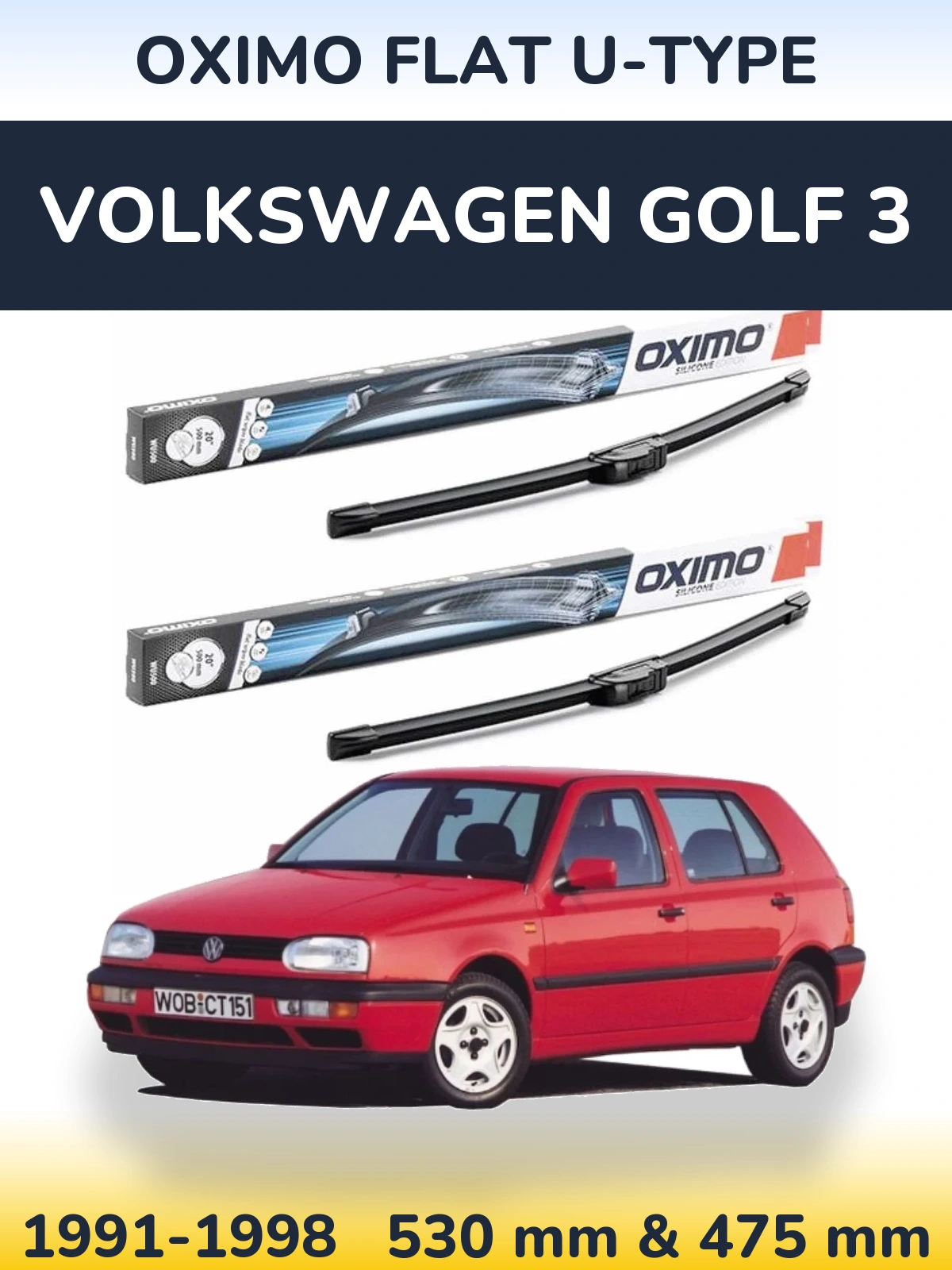 Комплект передних дворников Oximo Flat U-type 530 & 475 мм для Volkswagen Golf 3 1991-1998