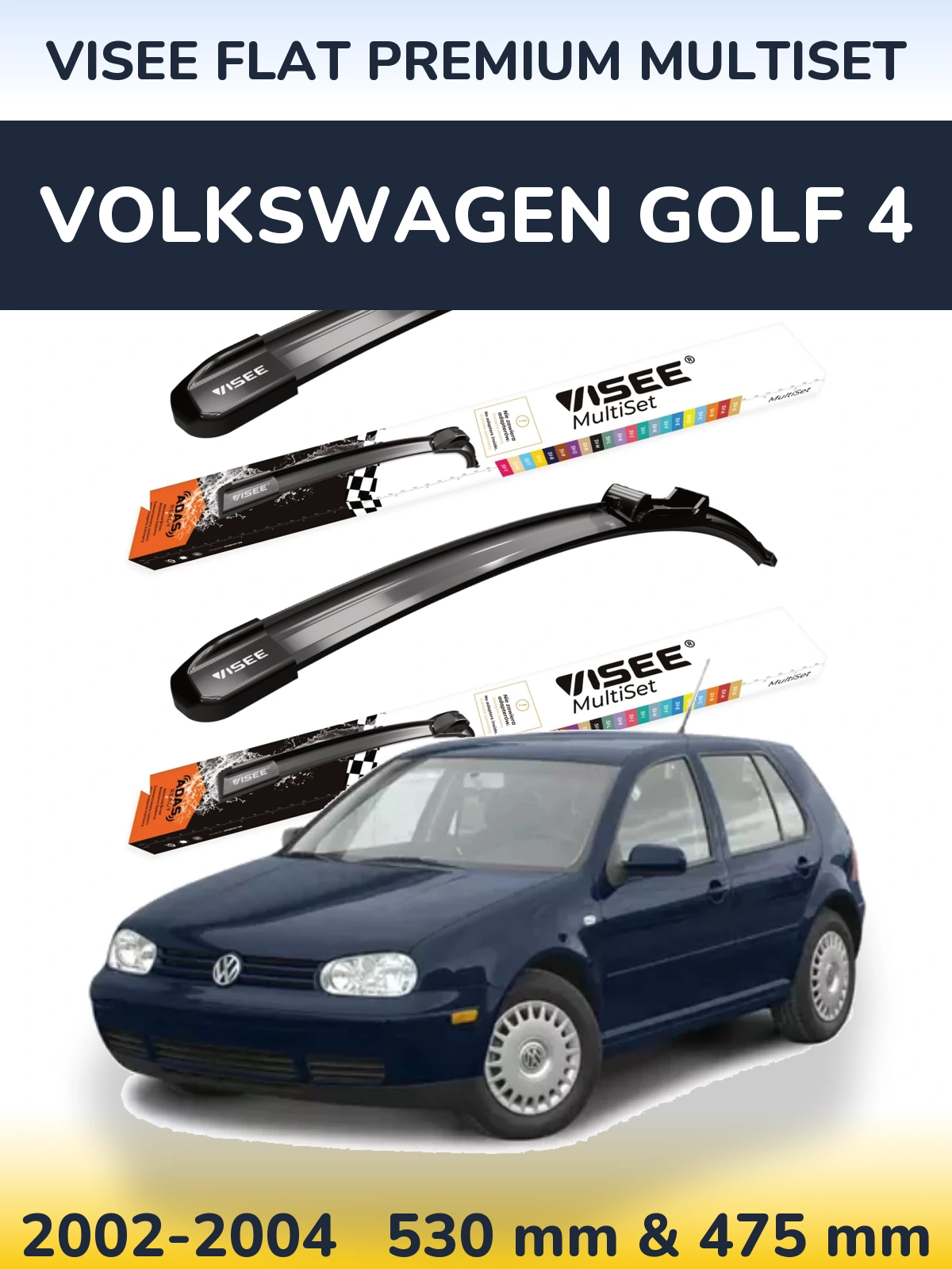 Front wiper blade set VISEE FLAT PREMIUM MultiSet 530 & 475 mm for Volkswagen Golf 4 2002-2004
