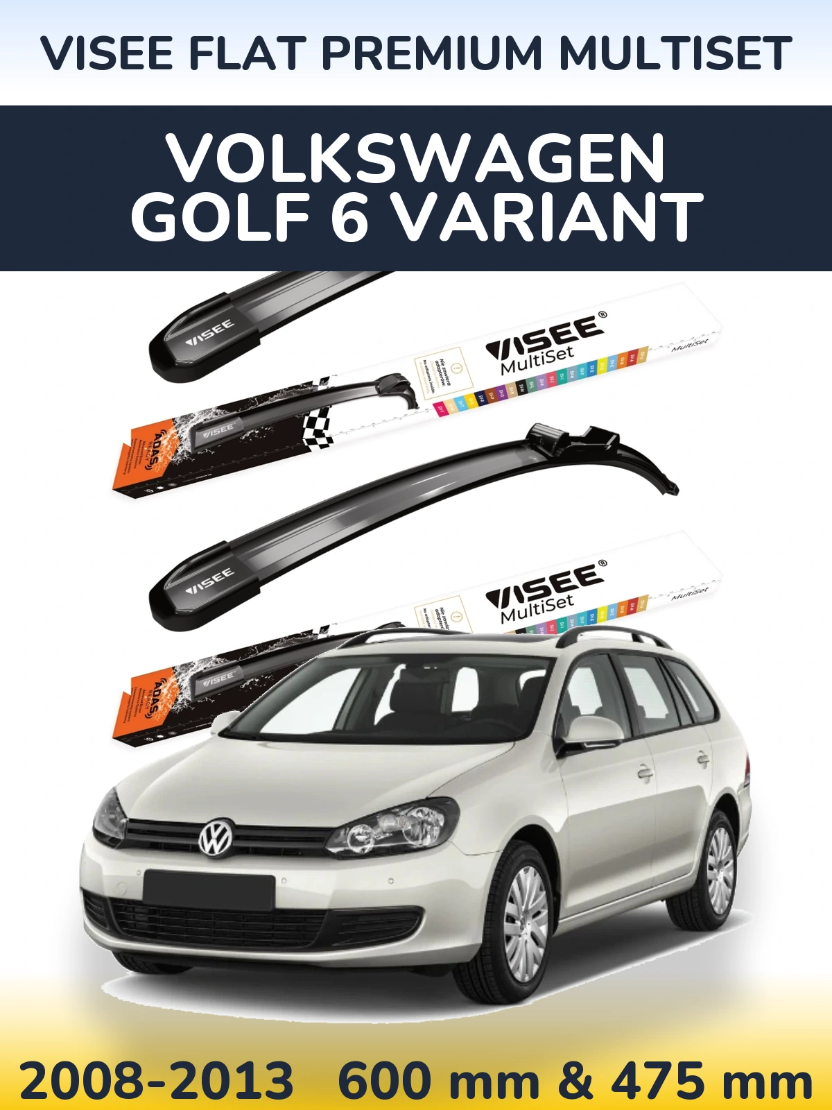 Комплект передних дворников VISEE FLAT PREMIUM MultiSet 600 & 475 мм для Volkswagen Golf 6 Variant 2008-2013
